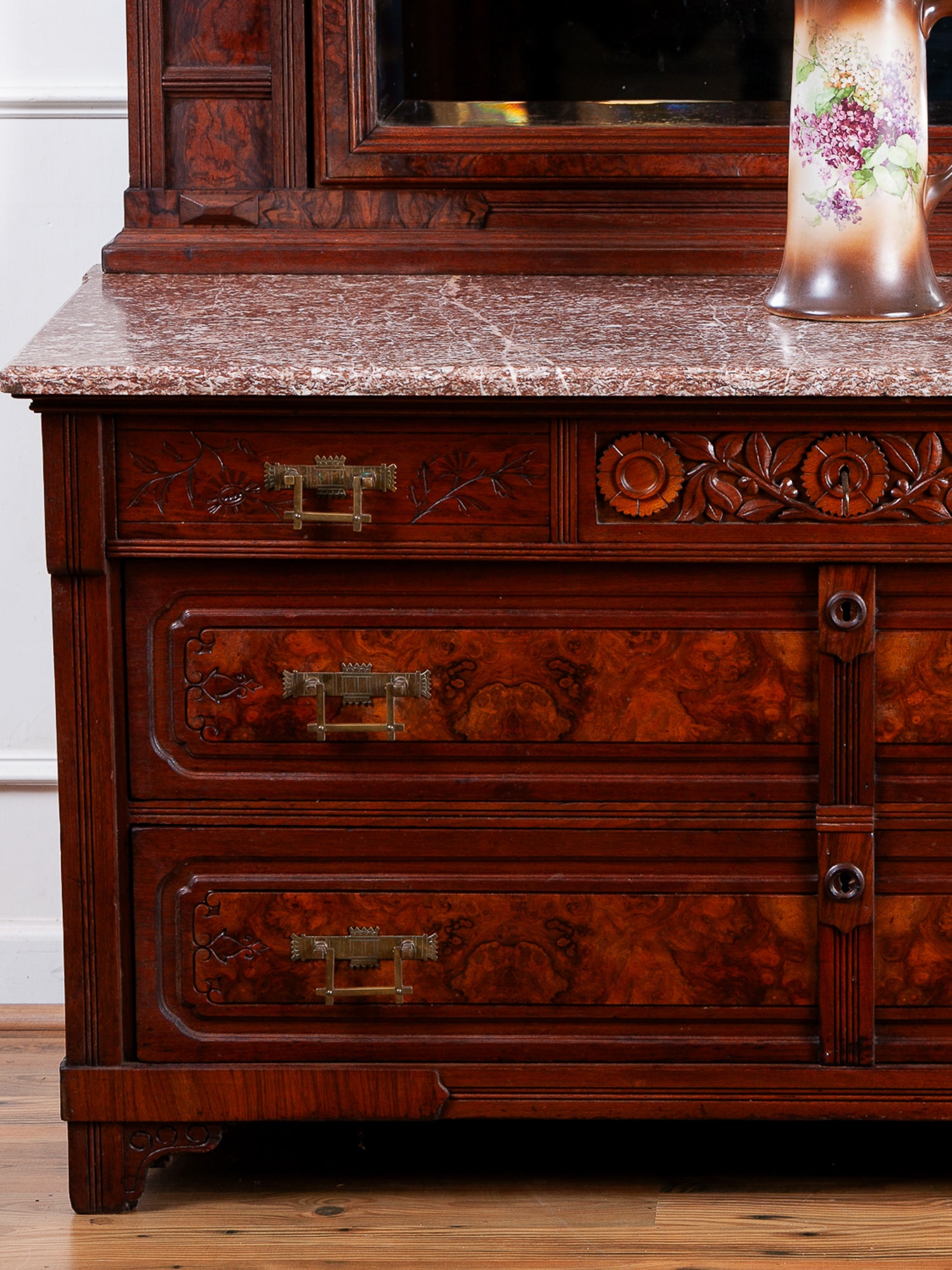 Herts Brothers Aesthetic Movement Burled Walnut & Marble Top Dresser, c.1880