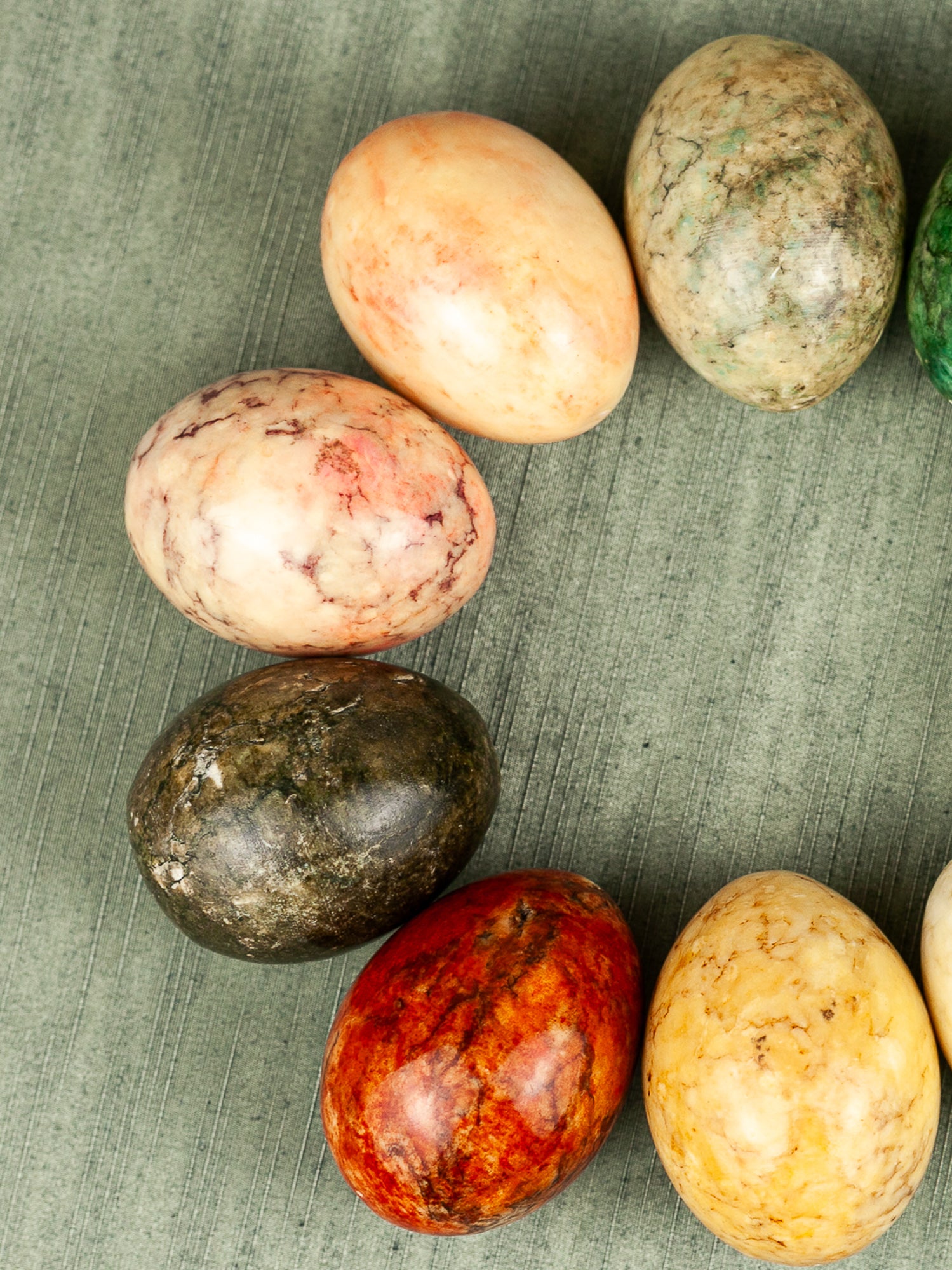 Vintage Mid Century Italian Alabaster Carved Eggs with Marble Finish, Set of 10.