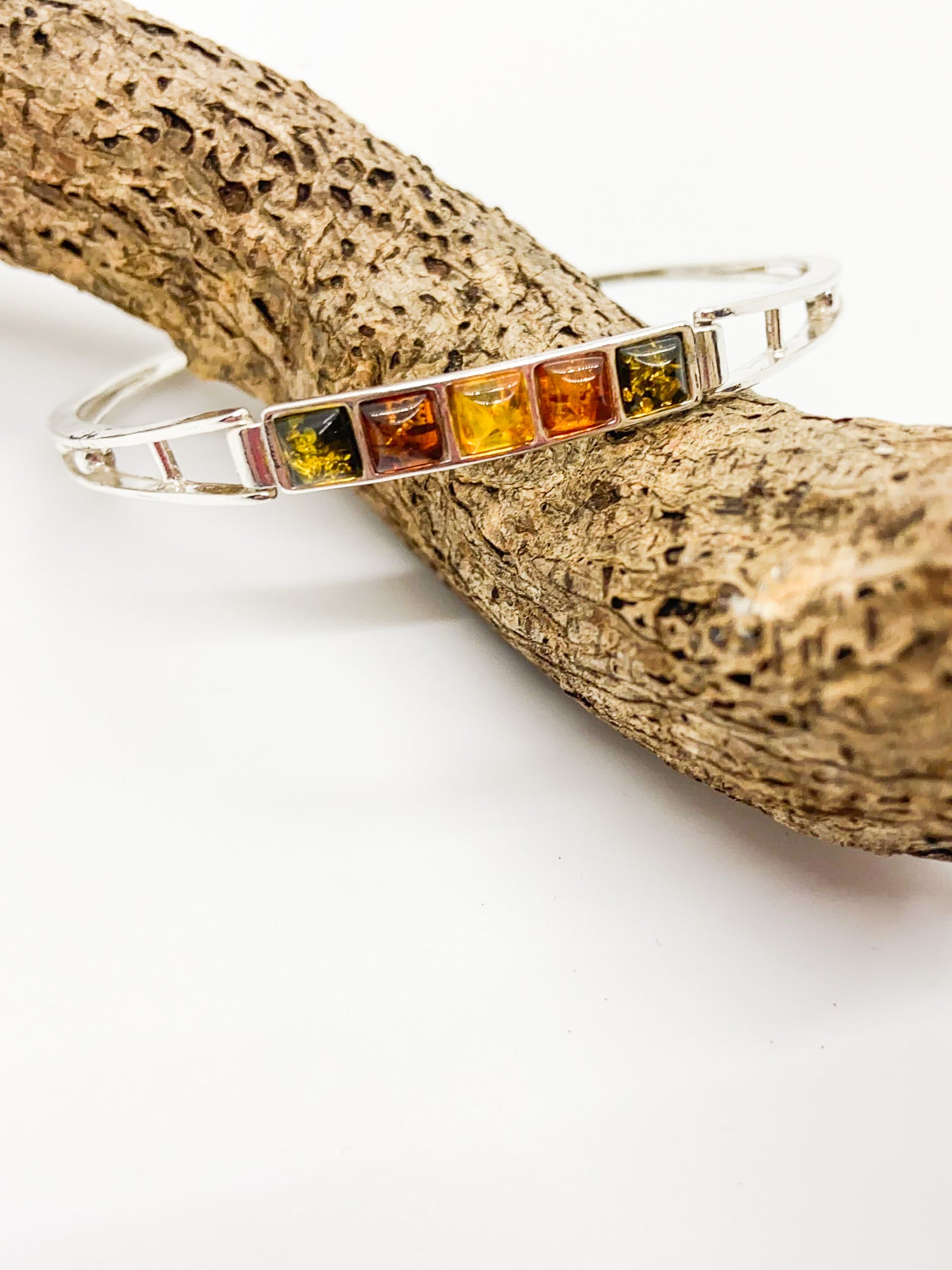 Vintage Multi-Color Baltic Amber Five-Stone Bangle in Sterling Silver