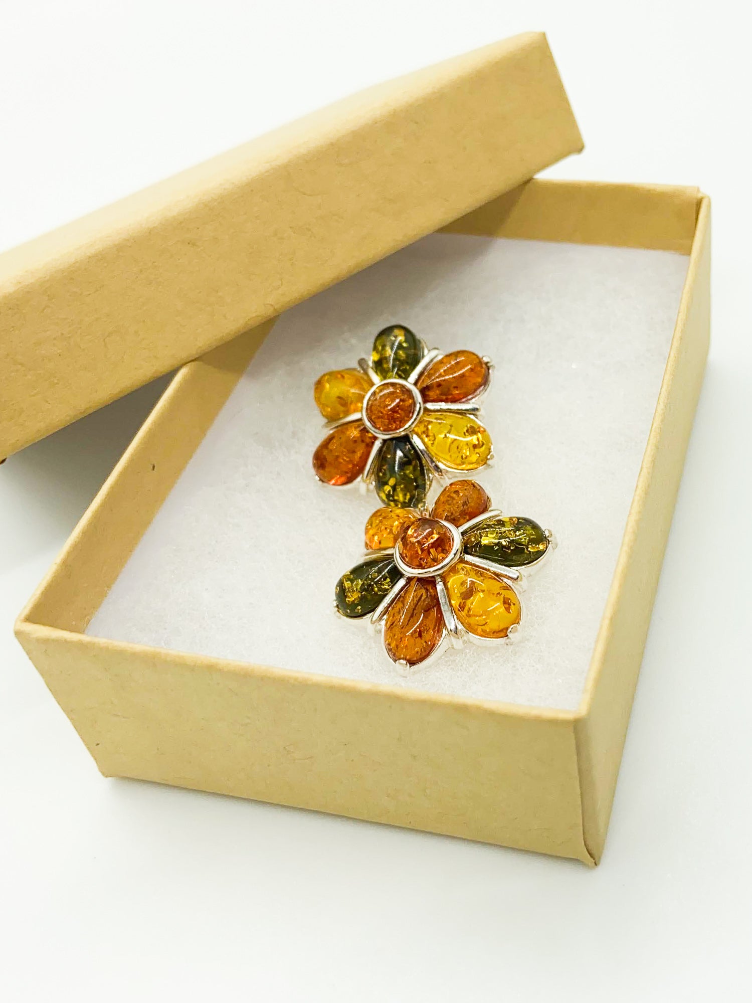 Vintage Baltic Multi-Color Amber & Sterling Silver Flower Earrings – New Old Stock
