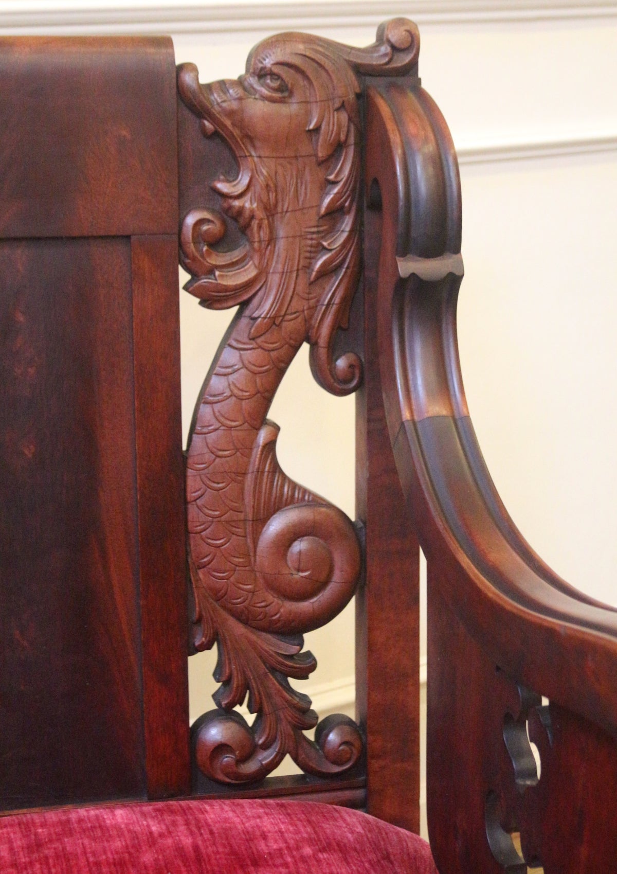 19th Century American Empire Carved Dragon Armchair with Original Red Velvet Upholstery