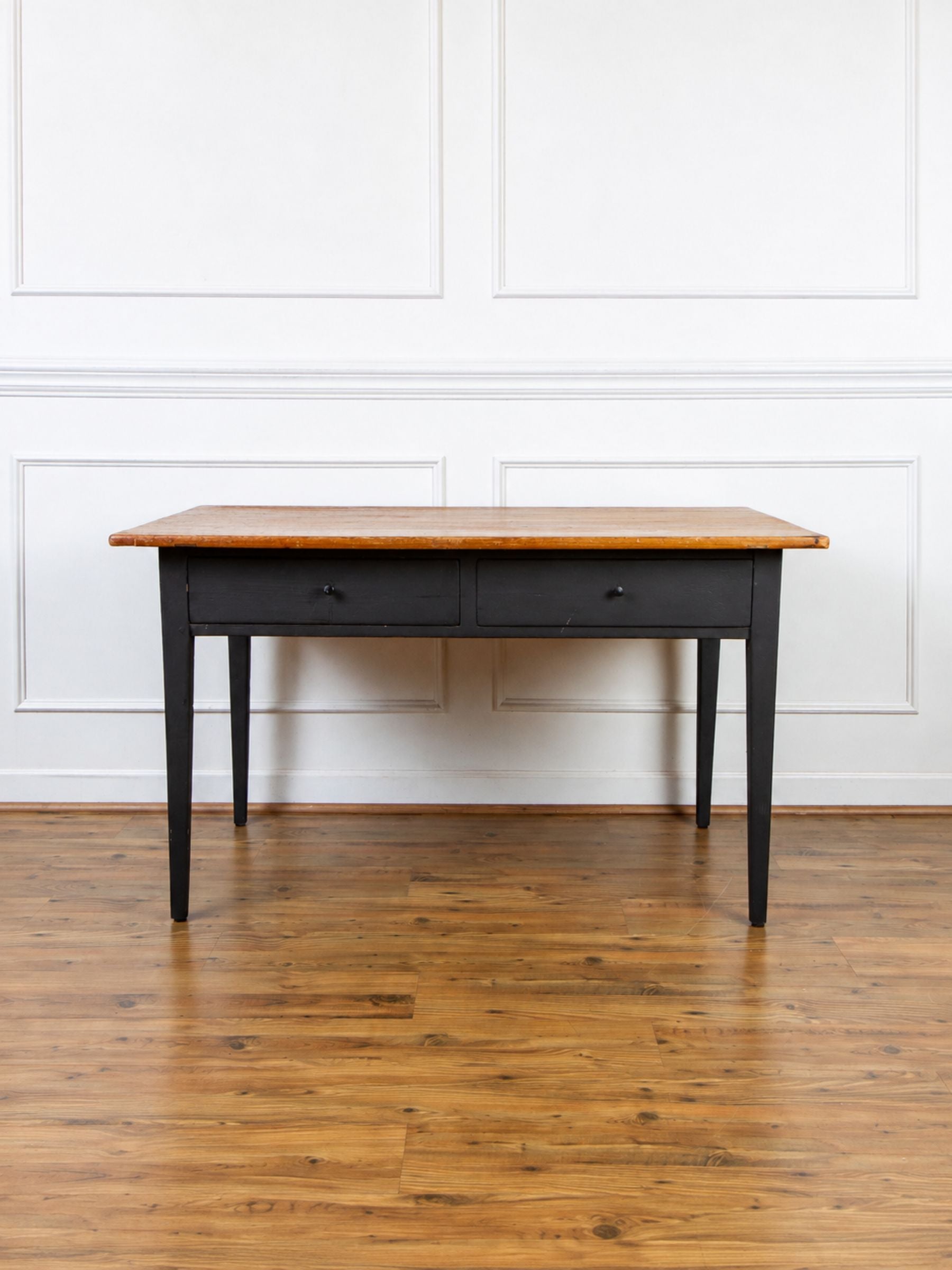Antique Rustic Pine Dining or Work Table With Black Painted Base.