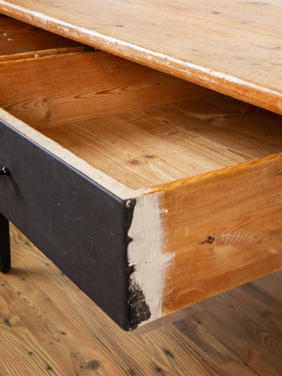 Antique Rustic Pine Dining or Work Table With Black Painted Base.