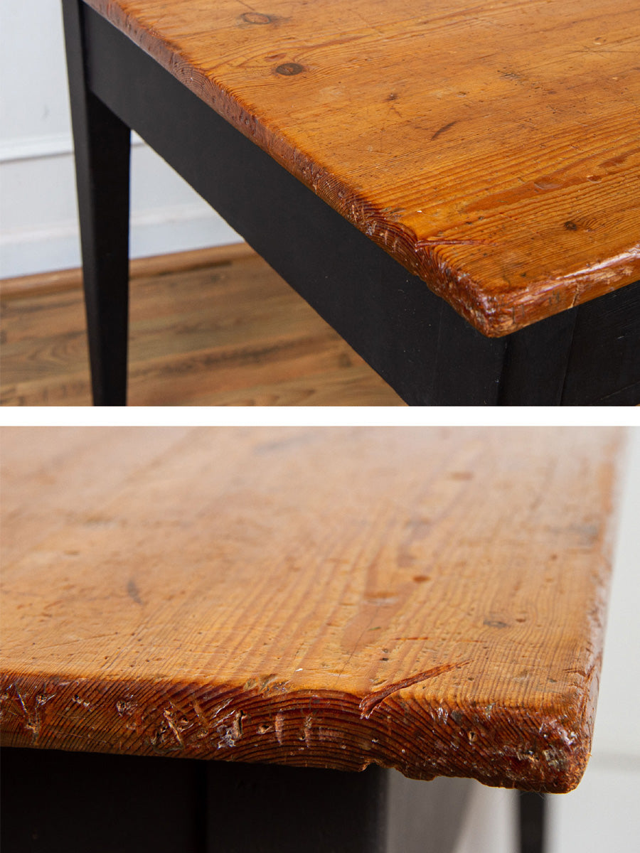 Antique Rustic Pine Dining or Work Table With Black Painted Base.