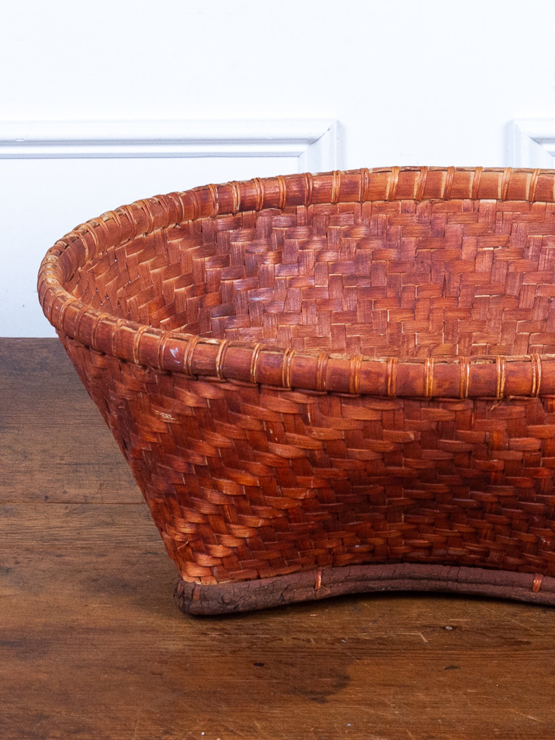 Rare Vintage Asian Large Splint Wood Hand-Woven Bamboo Orange Stained Gathering Basket.