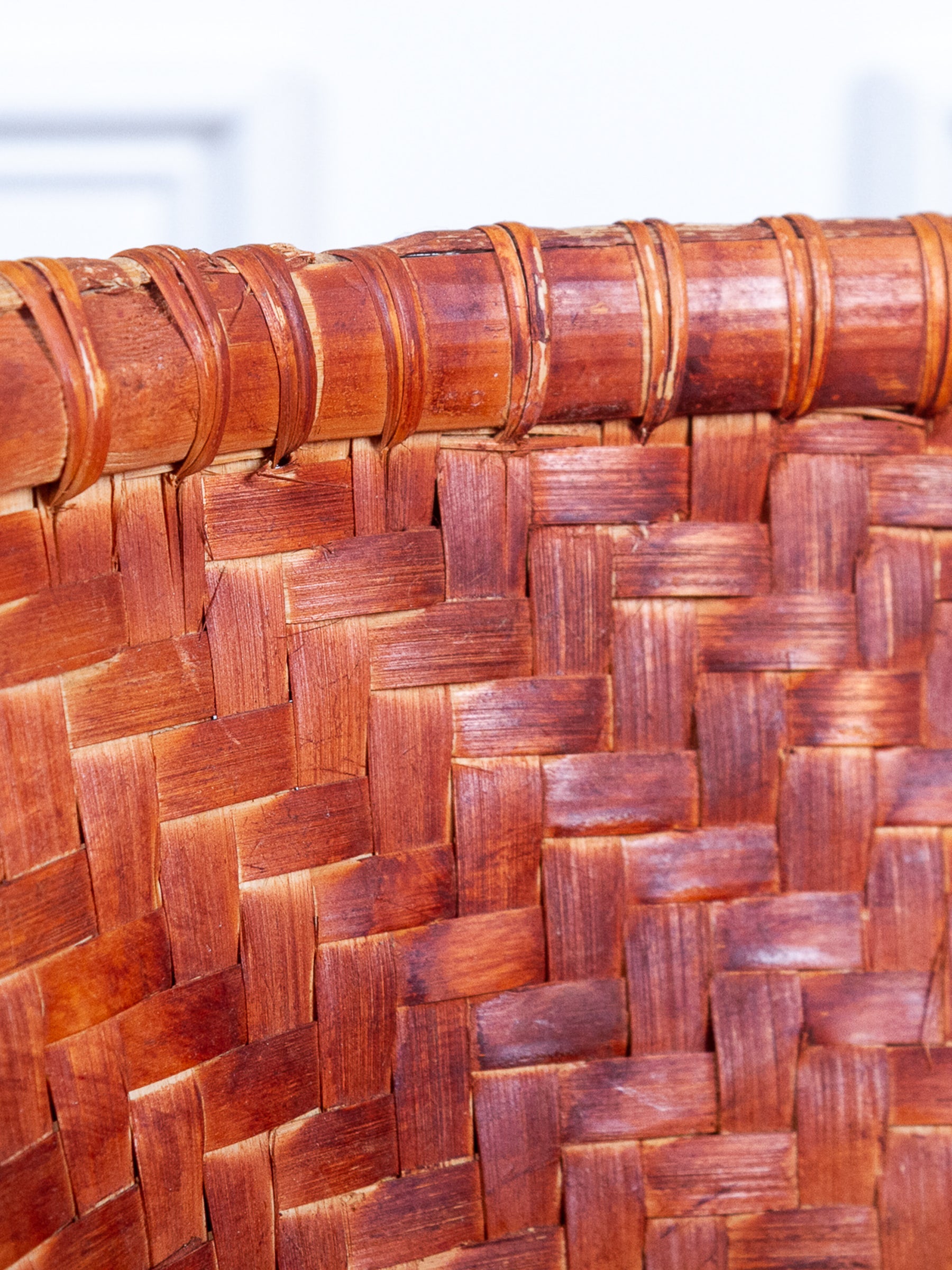 Rare Vintage Asian Large Splint Wood Hand-Woven Bamboo Orange Stained Gathering Basket.