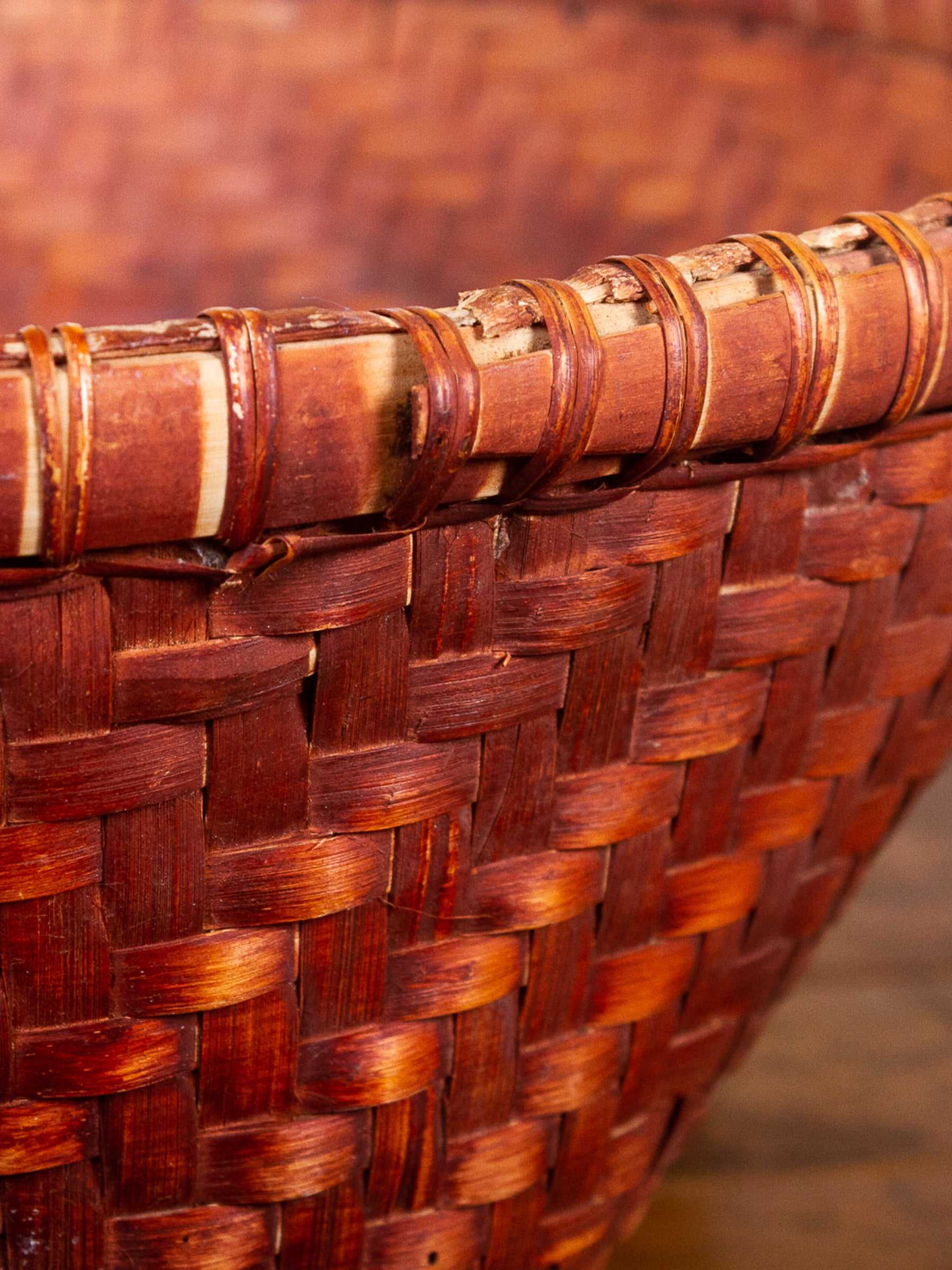 Rare Vintage Asian Large Splint Wood Hand-Woven Bamboo Orange Stained Gathering Basket.