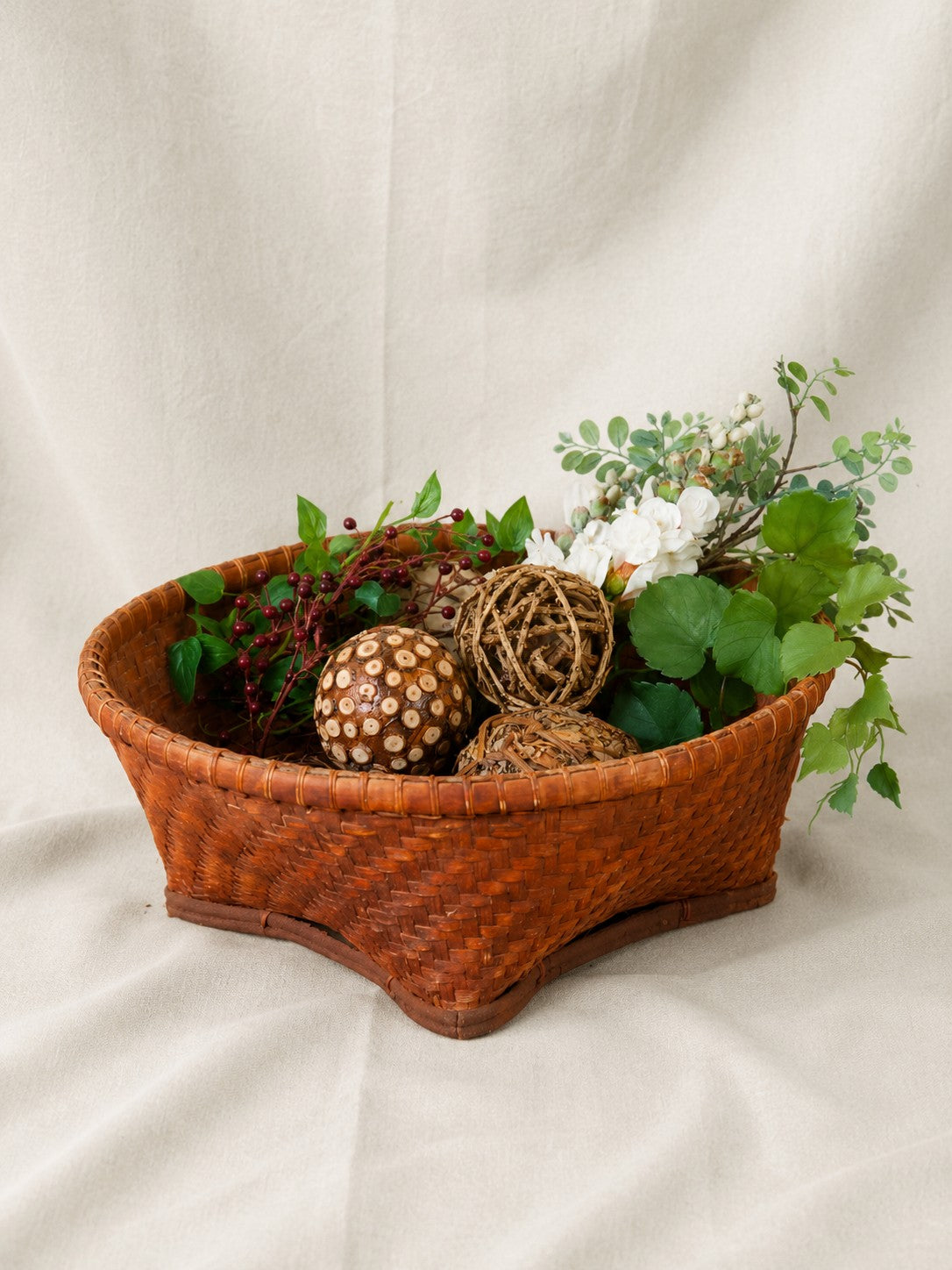 Rare Vintage Asian Large Splint Wood Hand-Woven Bamboo Orange Stained Gathering Basket.