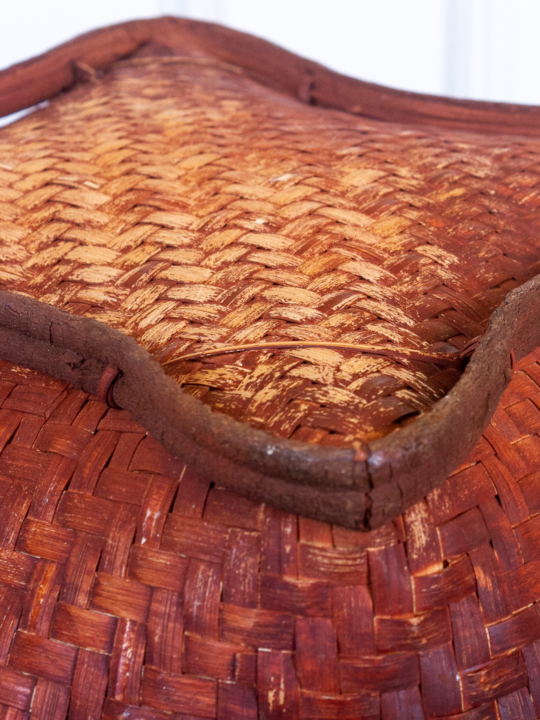 Rare Vintage Asian Large Splint Wood Hand-Woven Bamboo Orange Stained Gathering Basket.