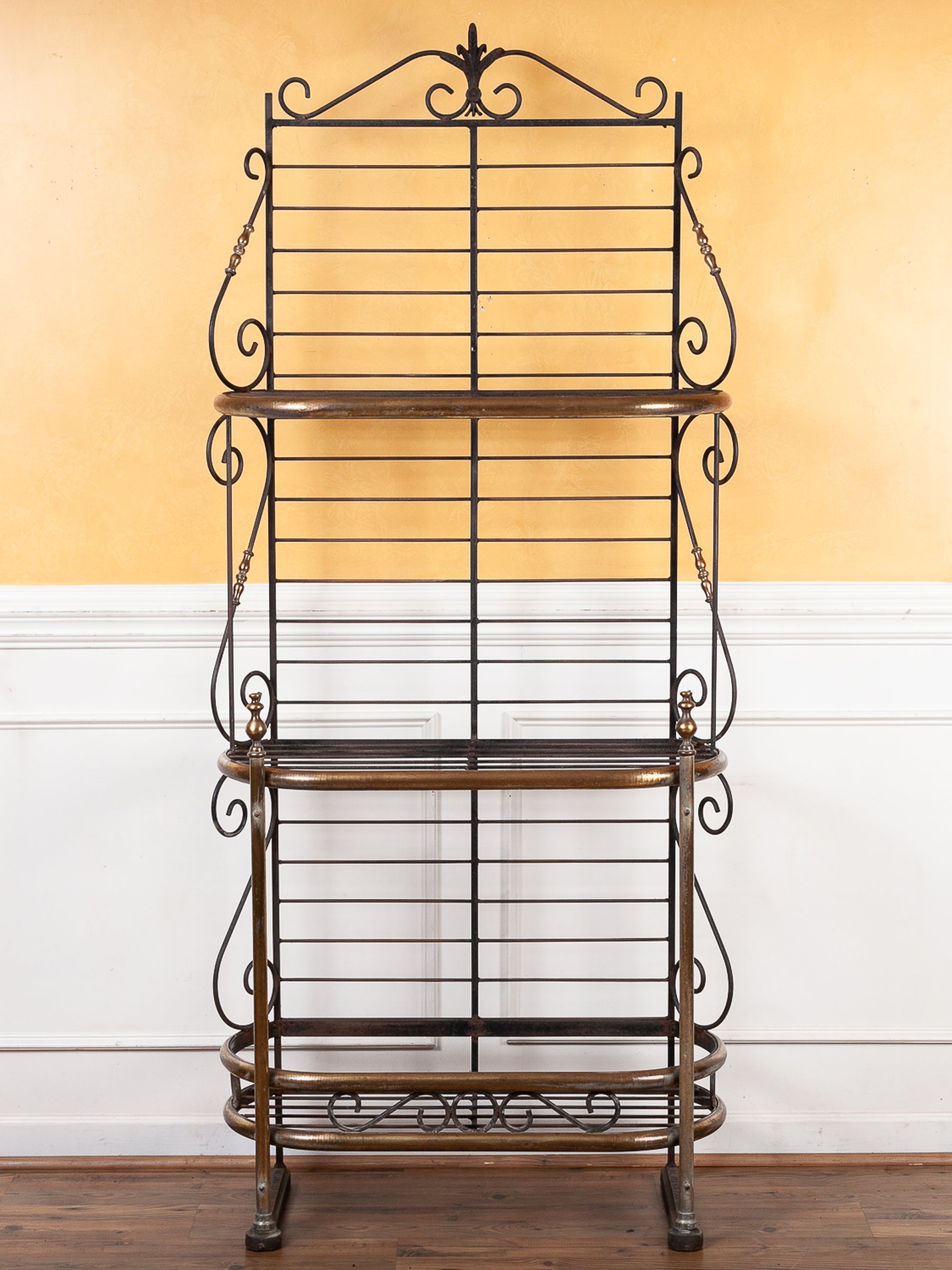 Antique French Iron and Brass Etagere Bakers Rack, Made in Paris, France.