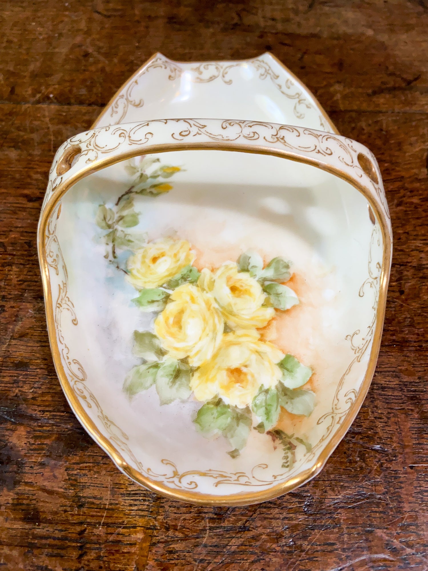 Vintage Hand Painted Porcelain Dish Basket, Artist Signed Emma Beguhn C.1930.