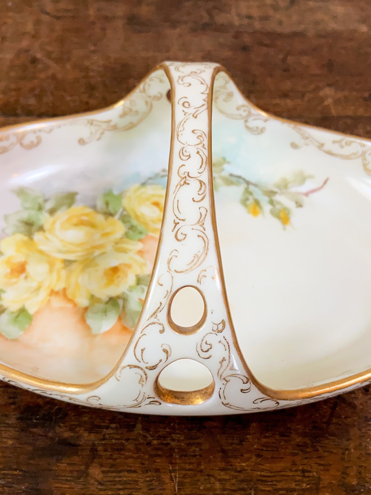 Vintage Hand Painted Porcelain Dish Basket, Artist Signed Emma Beguhn C.1930.