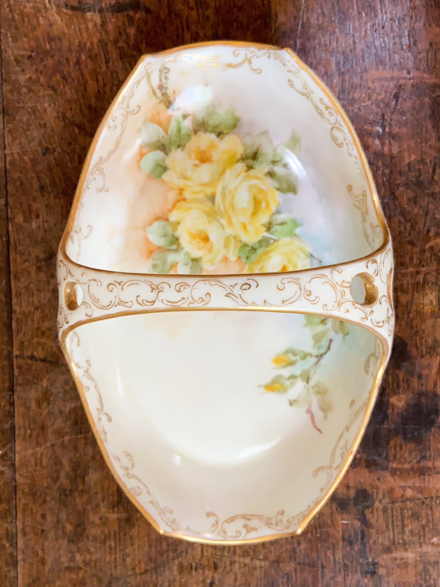 Vintage Hand Painted Porcelain Dish Basket, Artist Signed Emma Beguhn C.1930.