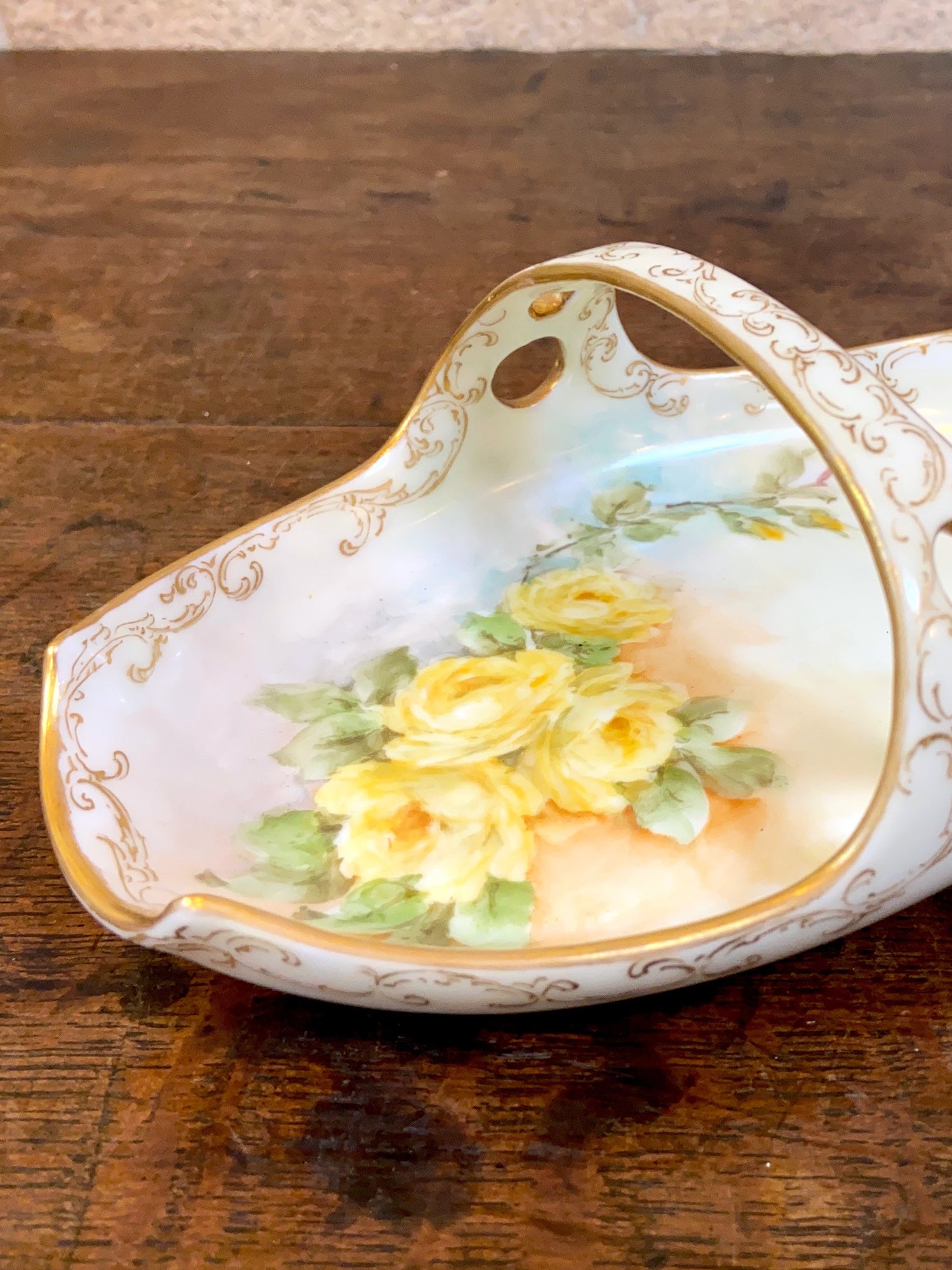 Vintage Hand Painted Porcelain Dish Basket, Artist Signed Emma Beguhn C.1930.