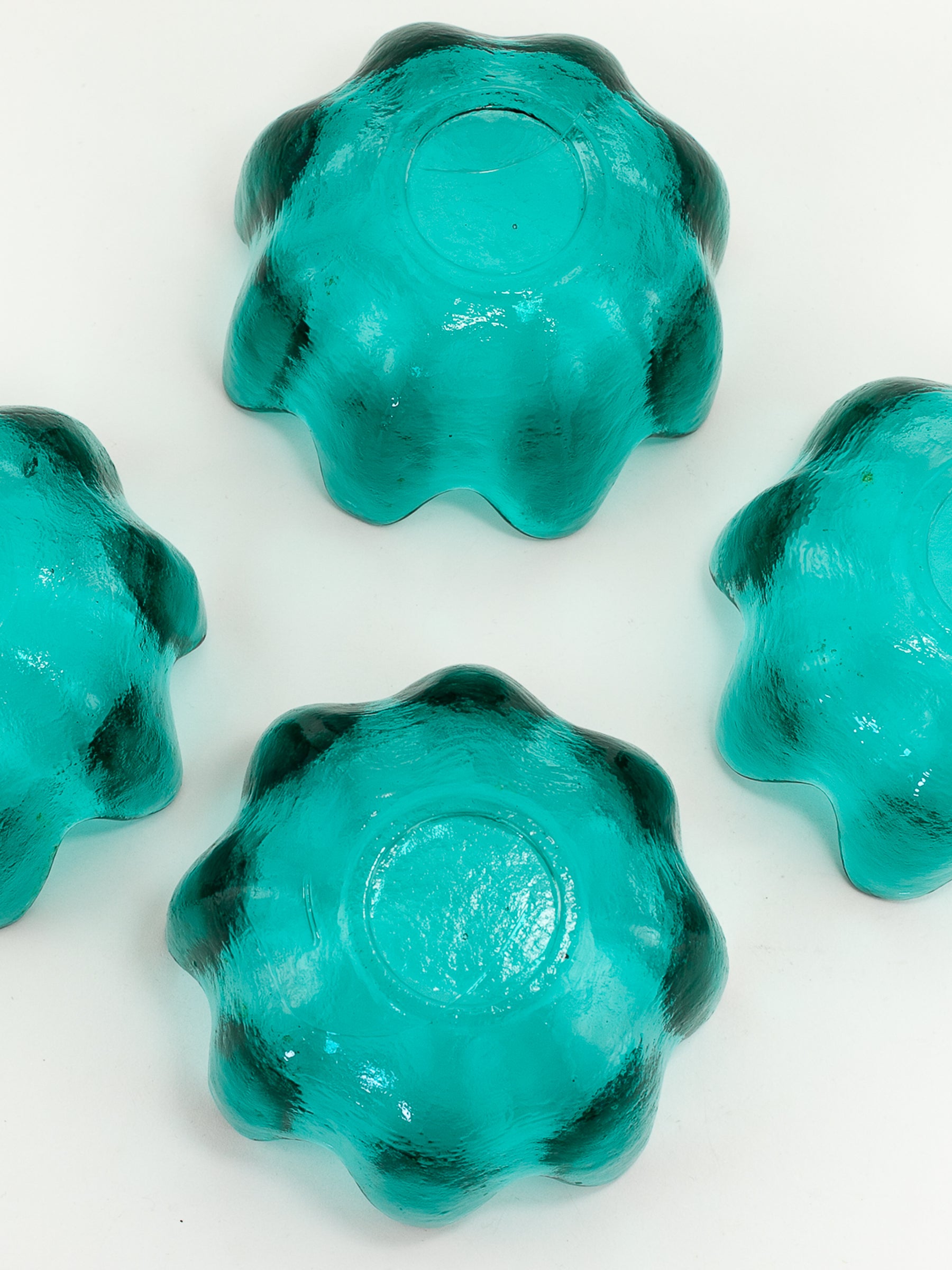 Set of Four Blenko Art Glass Lotus Bowls in Teal, Mid-Century