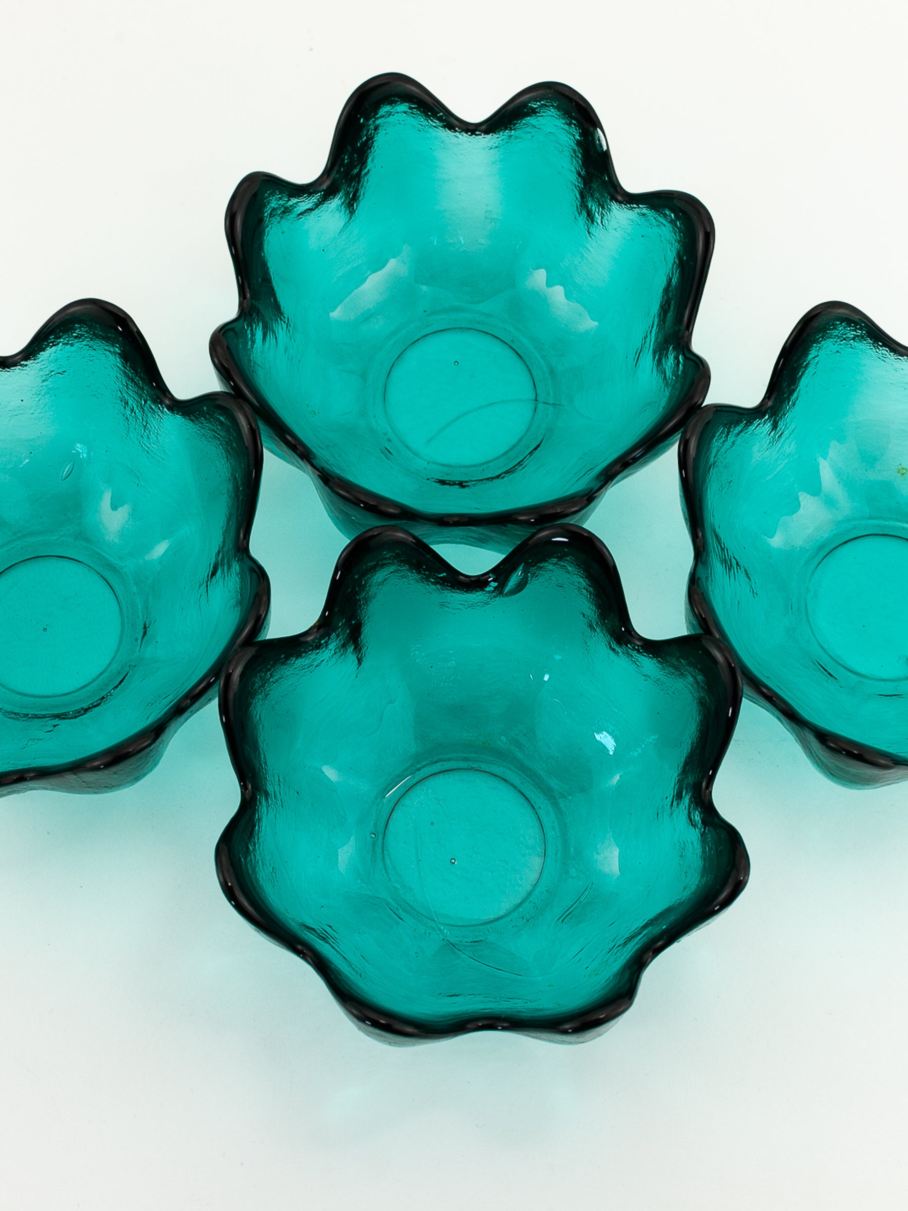 Set of Four Blenko Art Glass Lotus Bowls in Teal, Mid-Century
