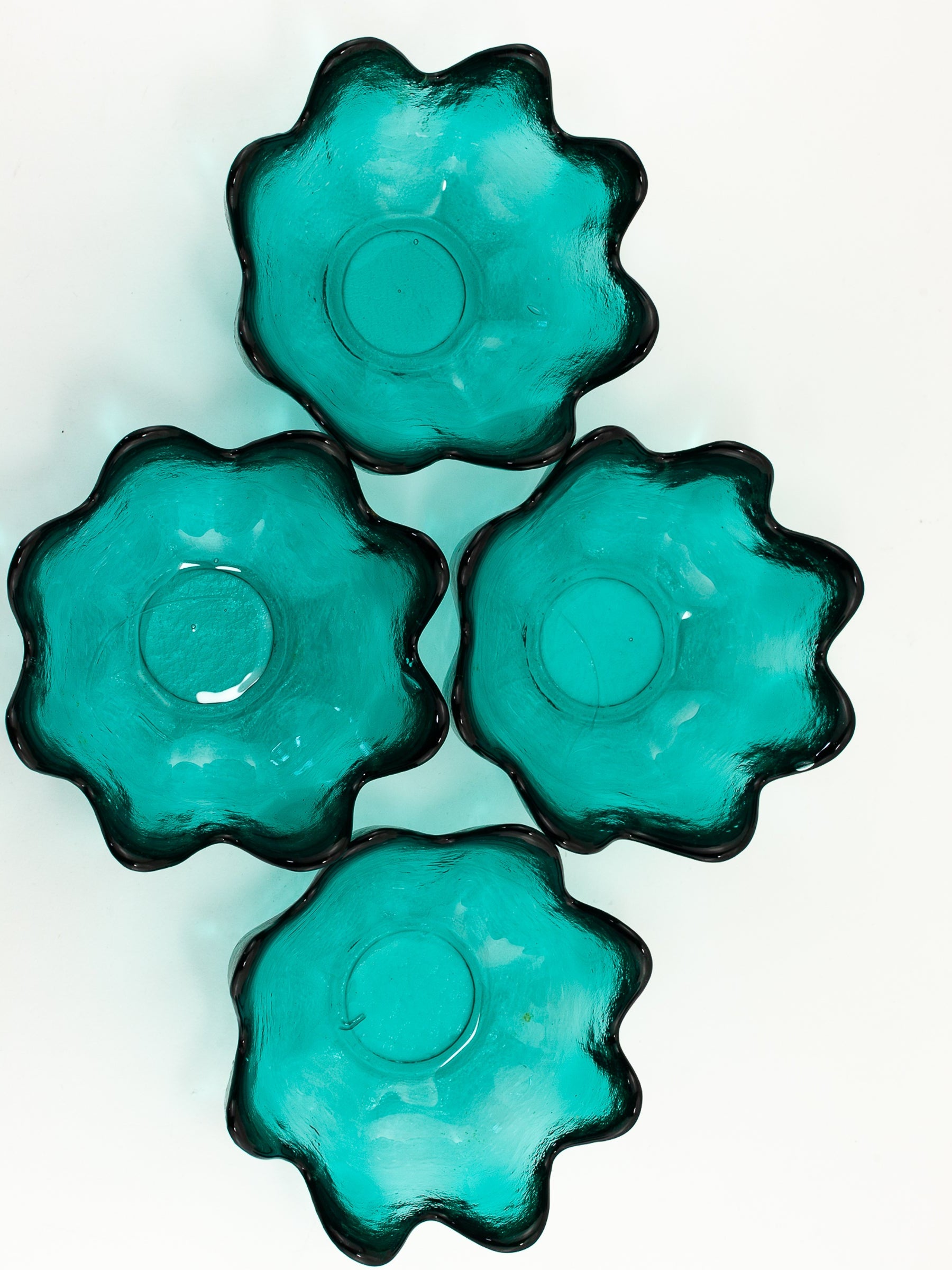 Set of Four Blenko Art Glass Lotus Bowls in Teal, Mid-Century