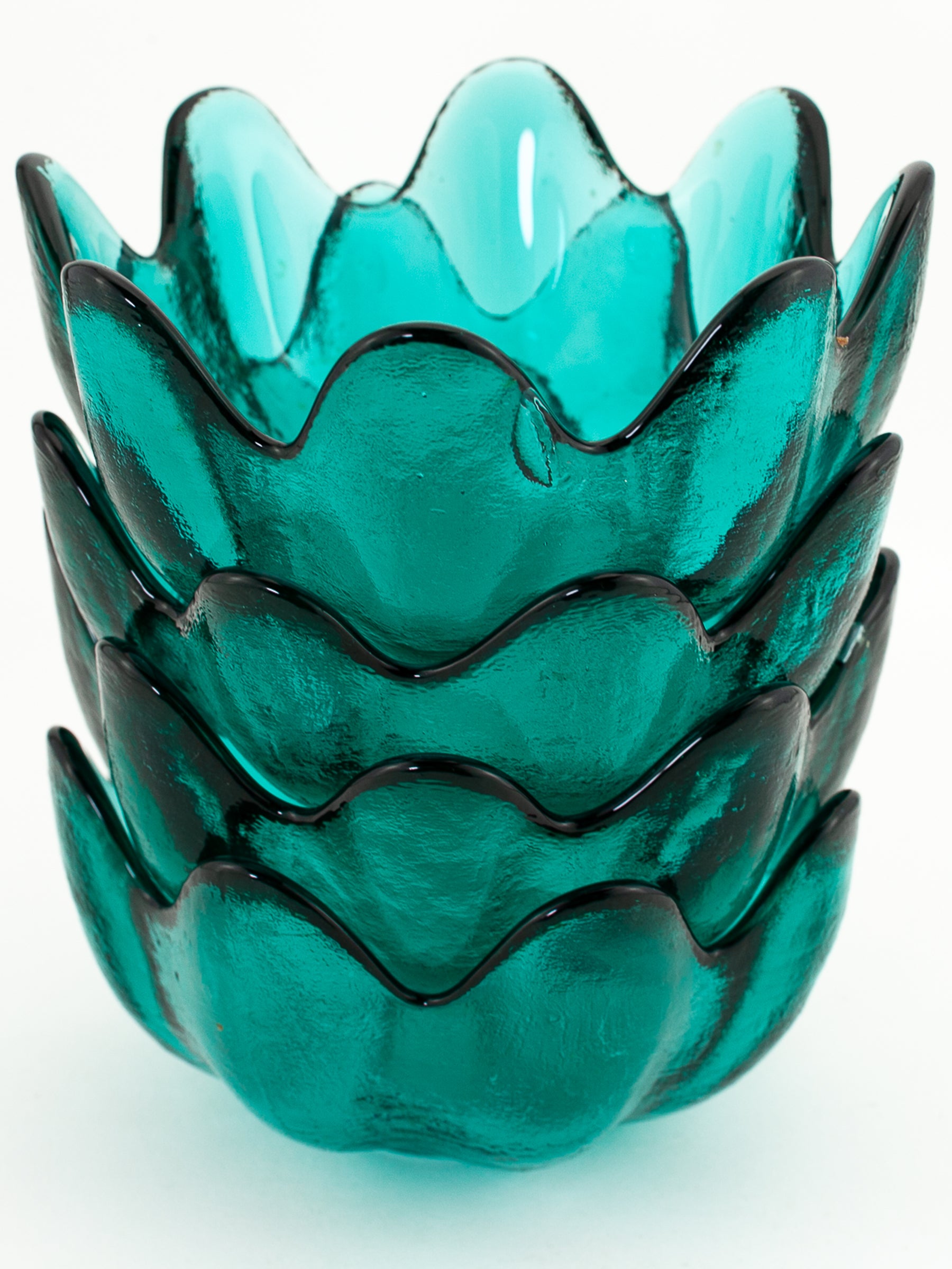 Set of Four Blenko Art Glass Lotus Bowls in Teal, Mid-Century