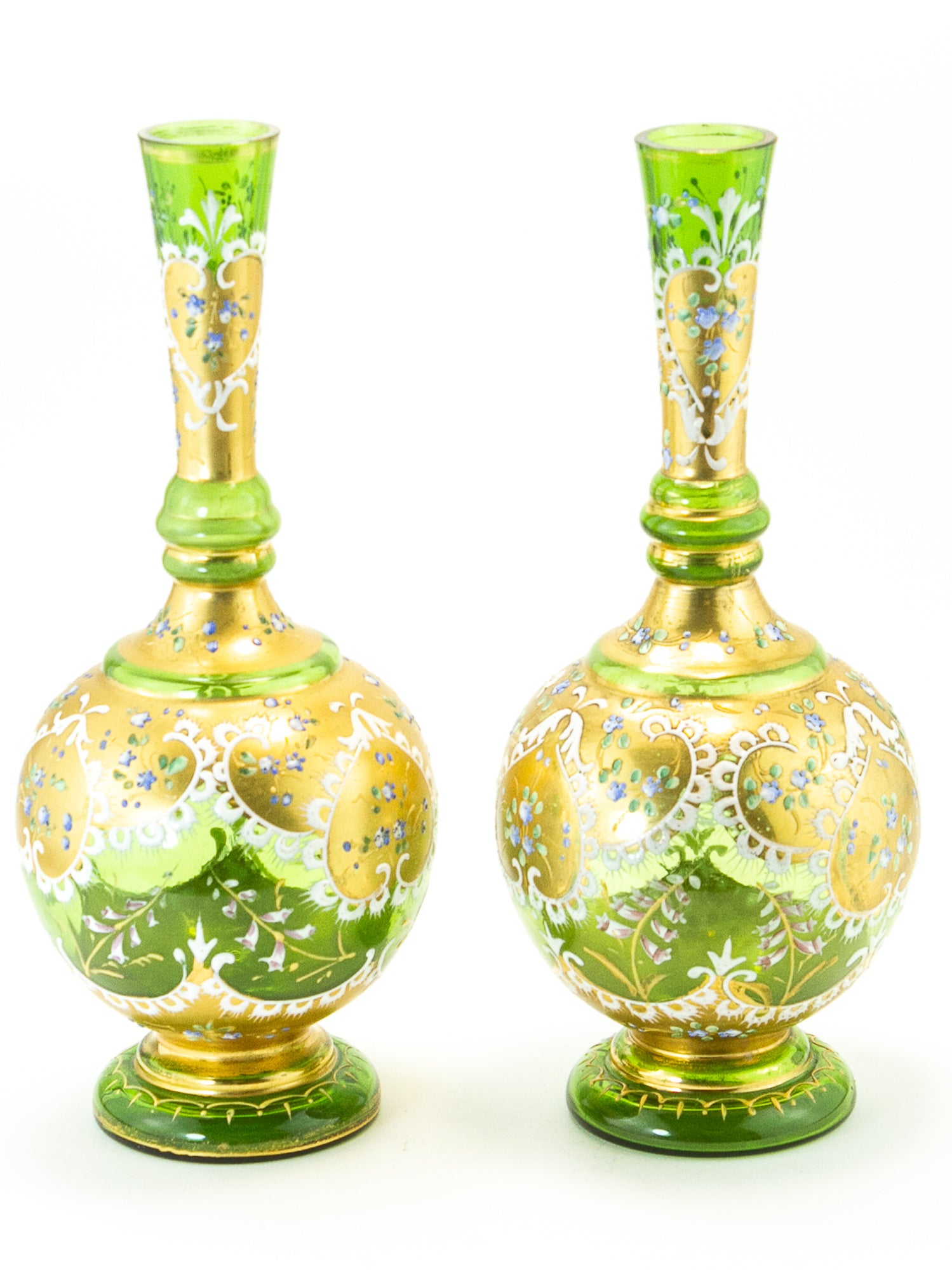 Pair of Bohemian Green Glass Vases with Gilt & Enameled Floral Decoration