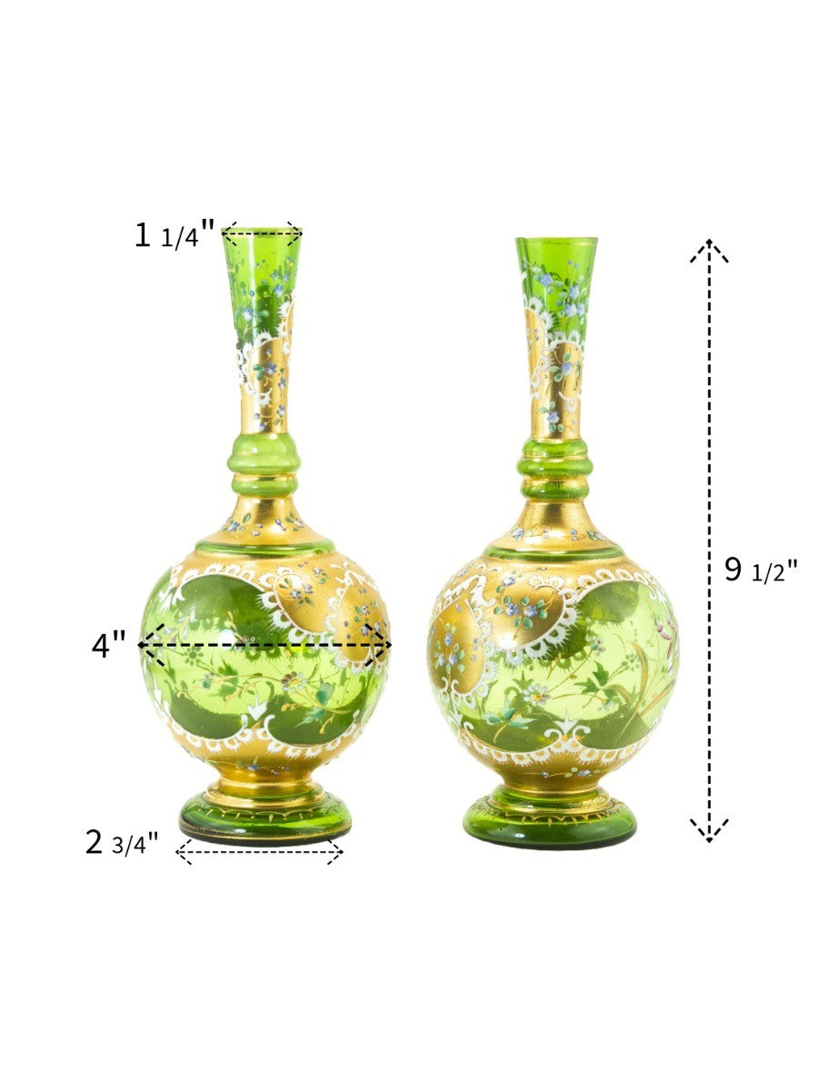 Pair of Bohemian Green Glass Vases with Gilt & Enameled Floral Decoration