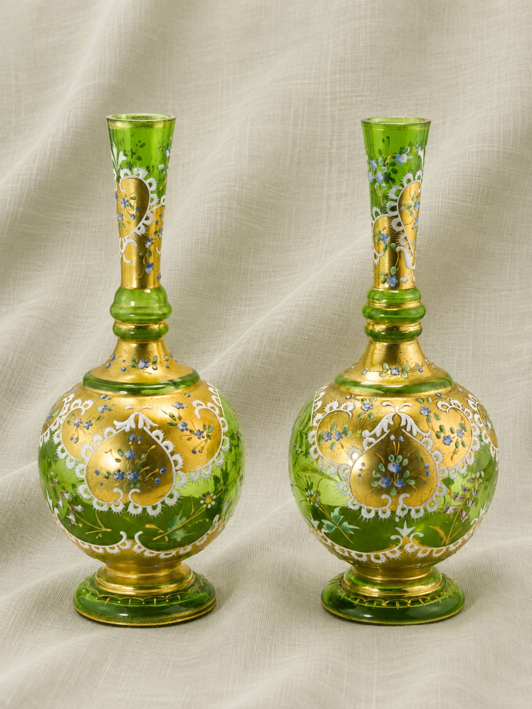 Pair of Bohemian Green Glass Vases with Gilt & Enameled Floral Decoration