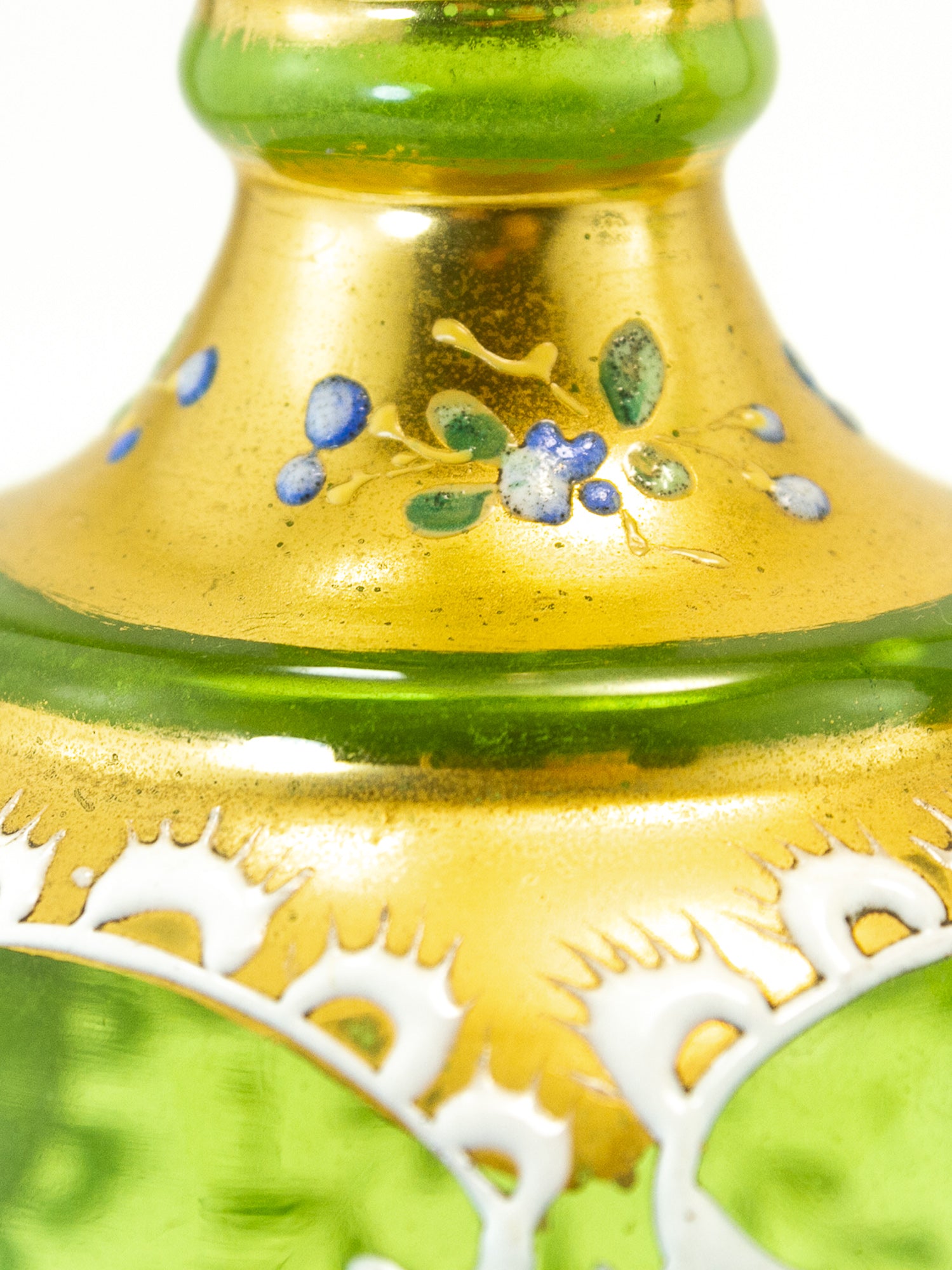 Pair of Bohemian Green Glass Vases with Gilt & Enameled Floral Decoration