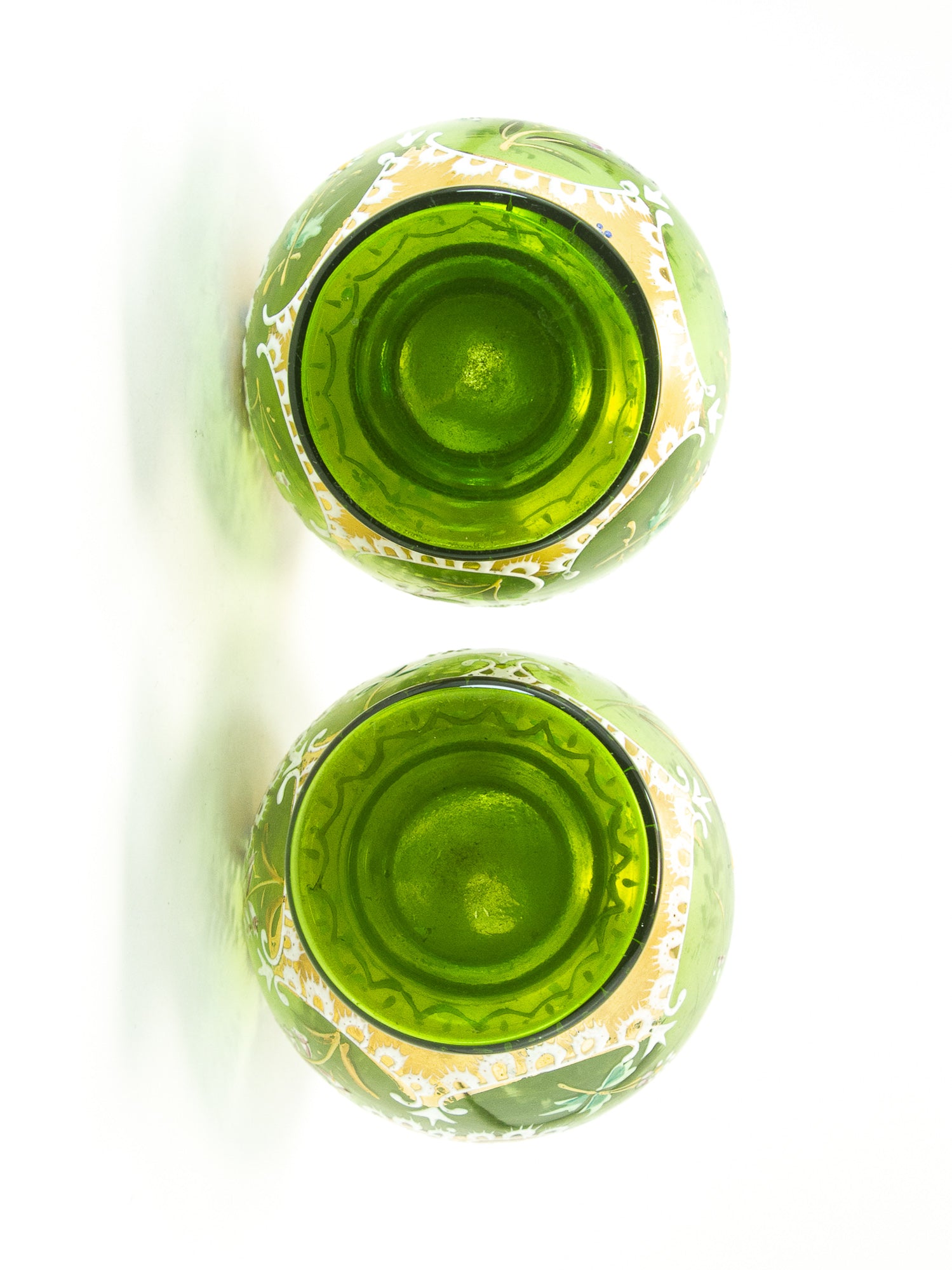 Pair of Bohemian Green Glass Vases with Gilt & Enameled Floral Decoration