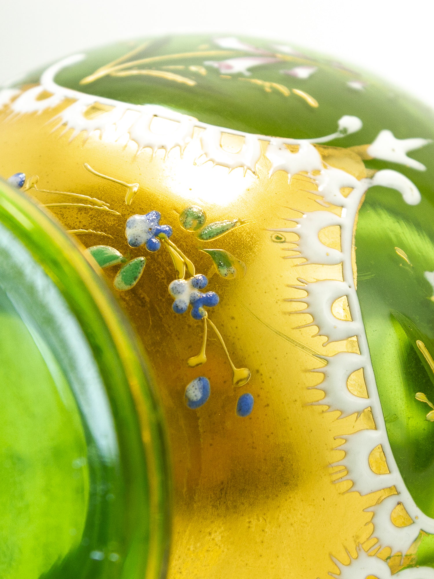Pair of Bohemian Green Glass Vases with Gilt & Enameled Floral Decoration