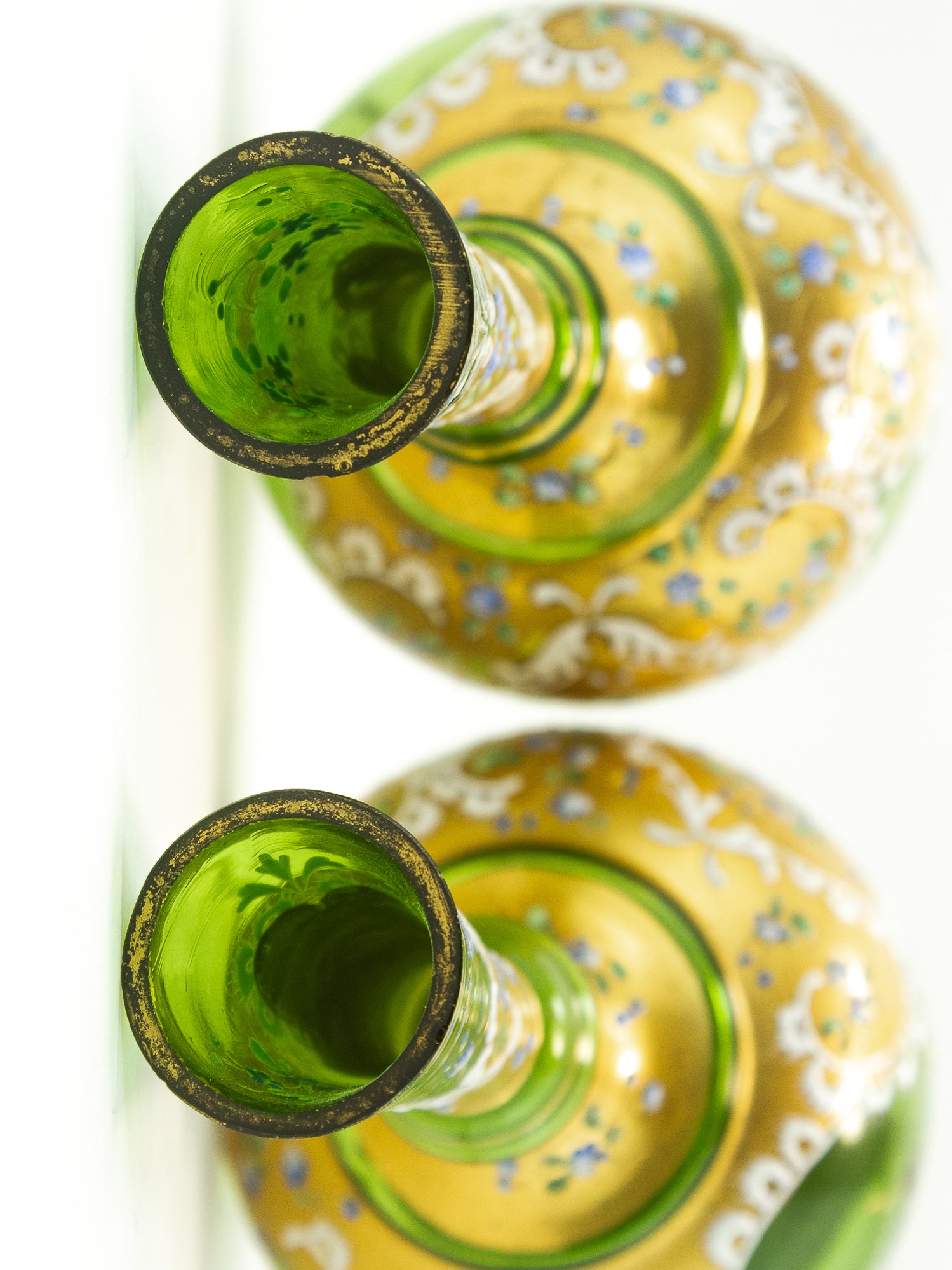 Pair of Bohemian Green Glass Vases with Gilt & Enameled Floral Decoration