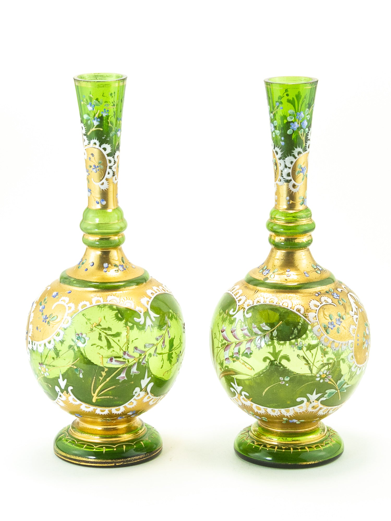 Pair of Bohemian Green Glass Vases with Gilt & Enameled Floral Decoration