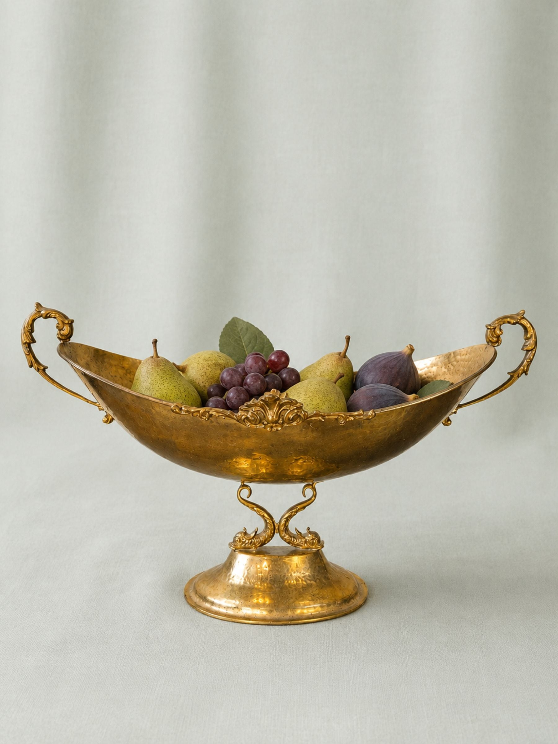 Large Vintage Hammered Brass Center Bowl with Koi Fish Pedestal, Made in Italy