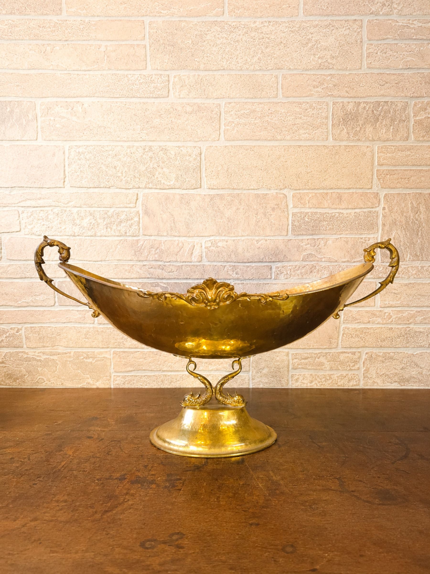 Large Vintage Hammered Brass Center Bowl with Koi Fish Pedestal, Made in Italy