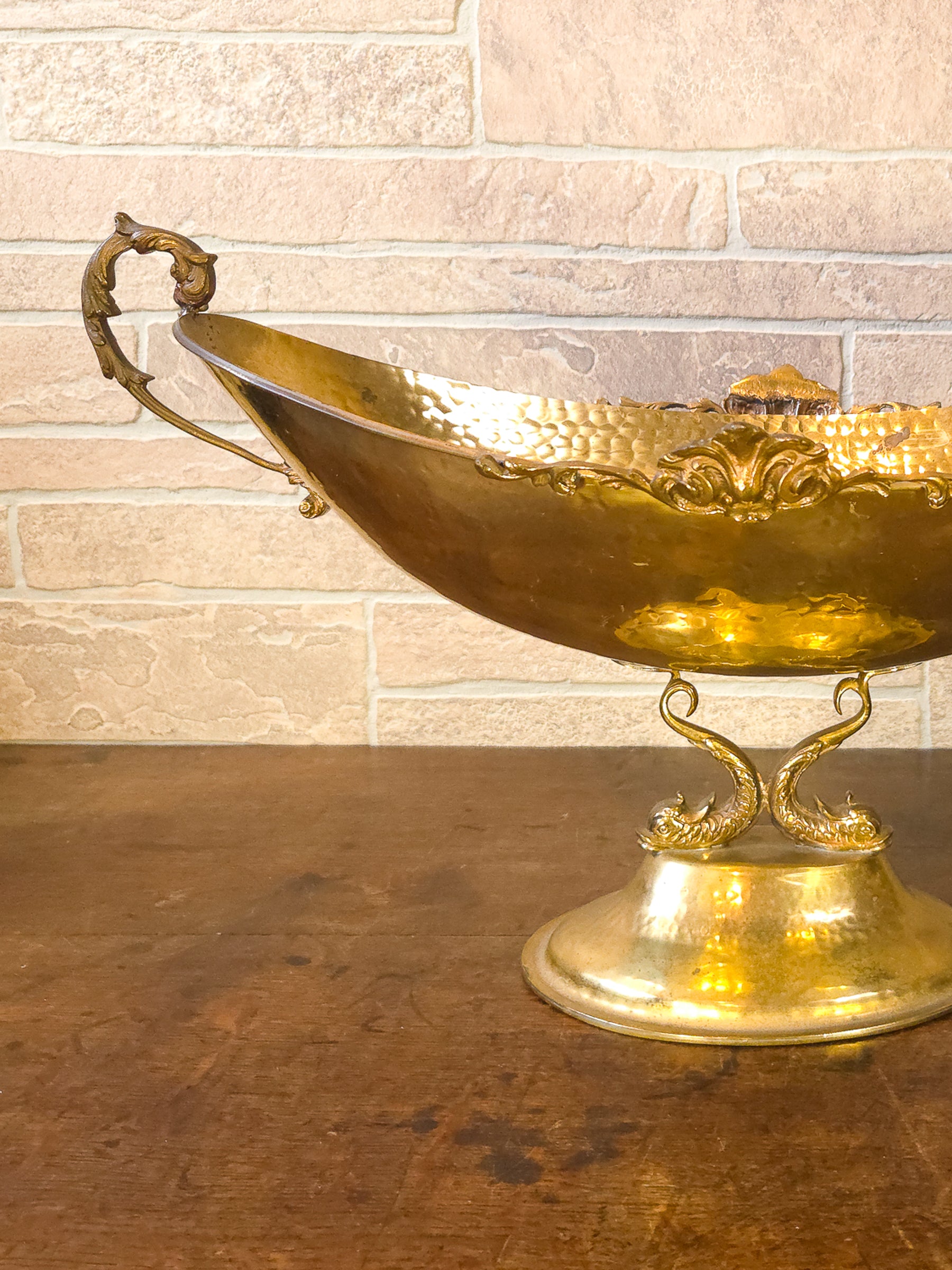 Large Vintage Hammered Brass Center Bowl with Koi Fish Pedestal, Made in Italy