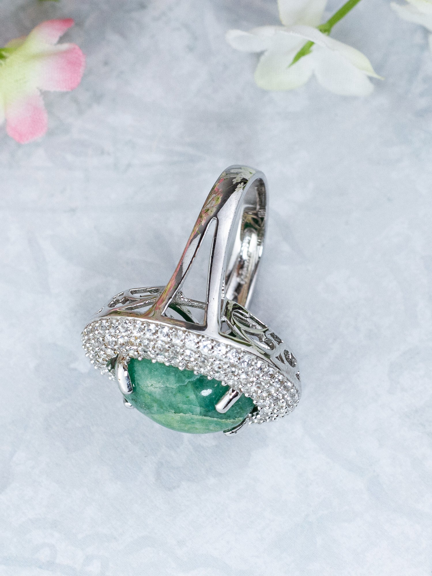 Orianne Emerald & White Sapphire Cocktail Ring in Platinum Over Sterling Silver