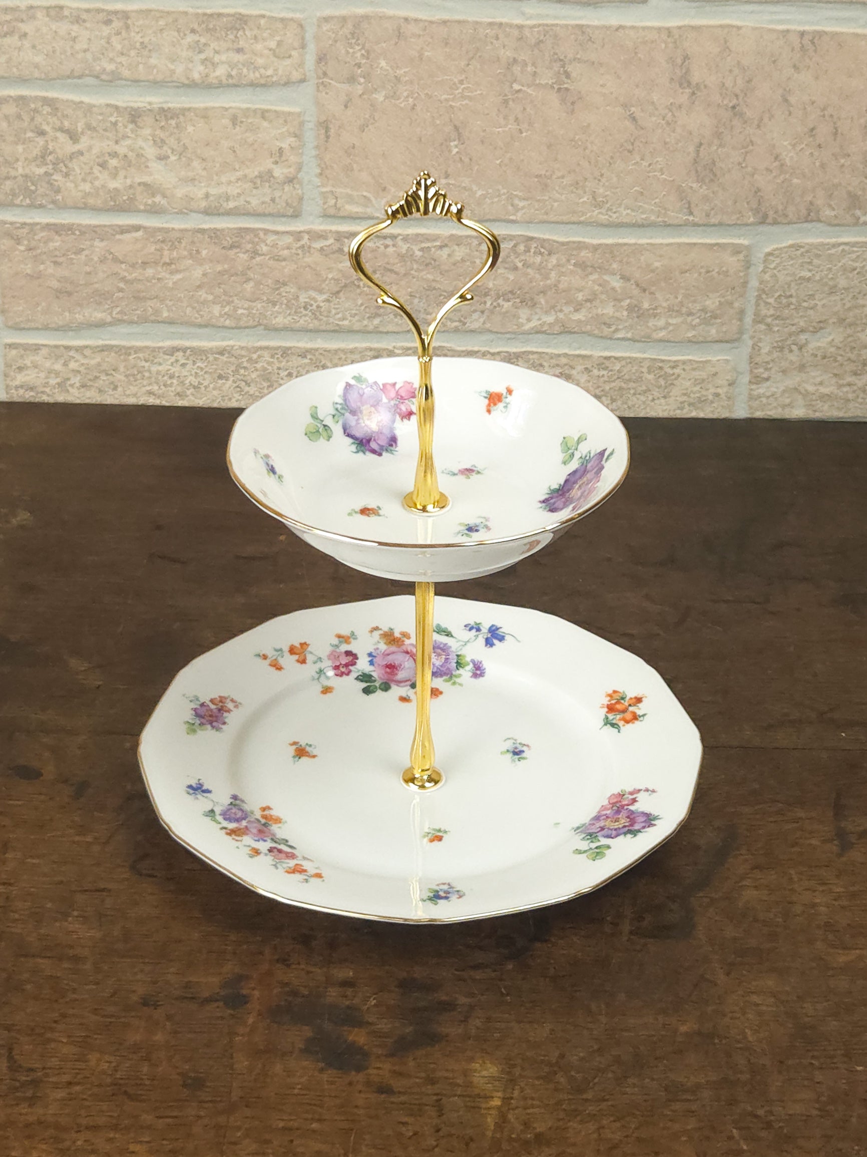 Czechoslovakian Two-Tier Cake Stand with Gold Crown Handle