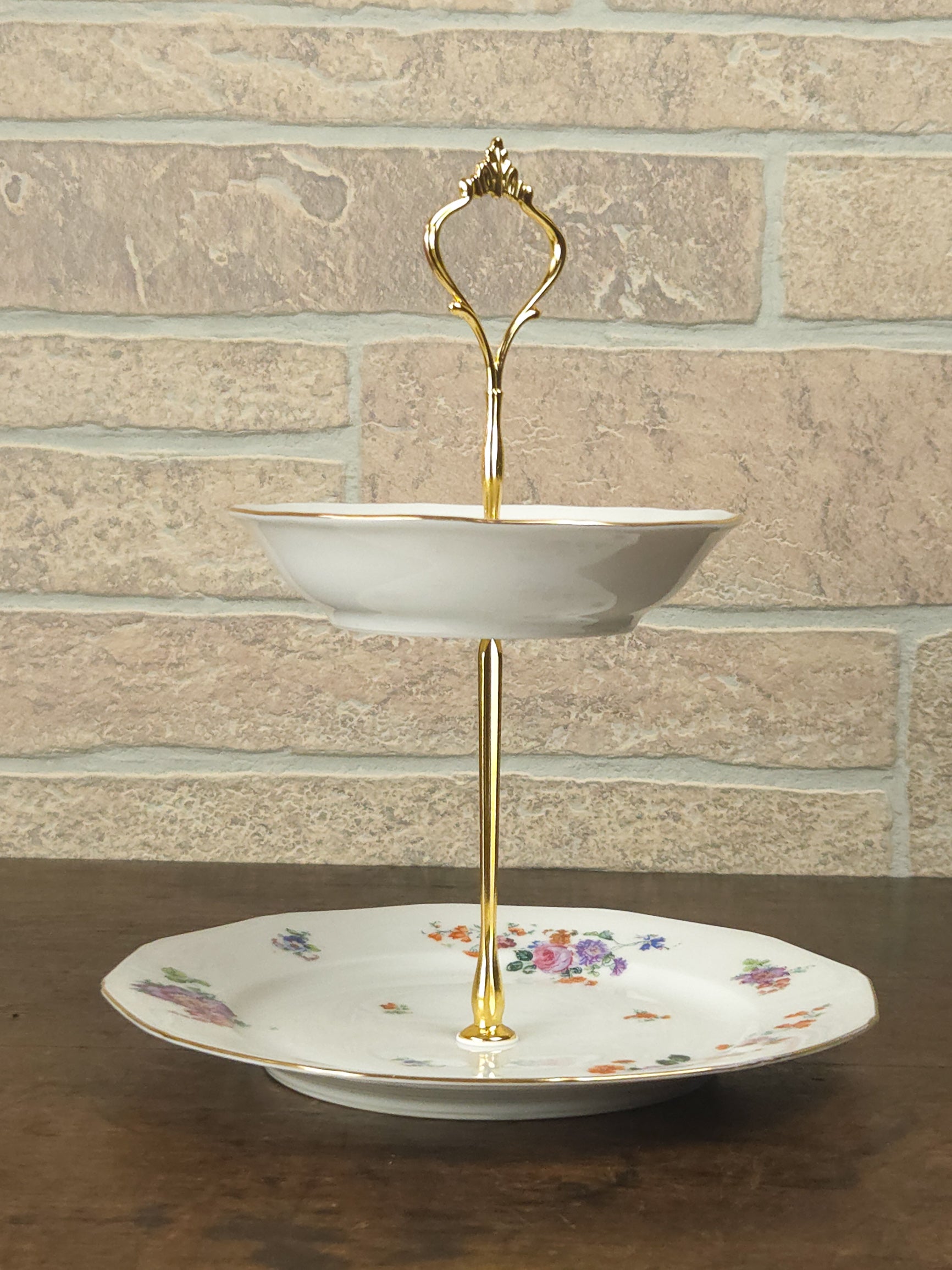 Czechoslovakian Two-Tier Cake Stand with Gold Crown Handle