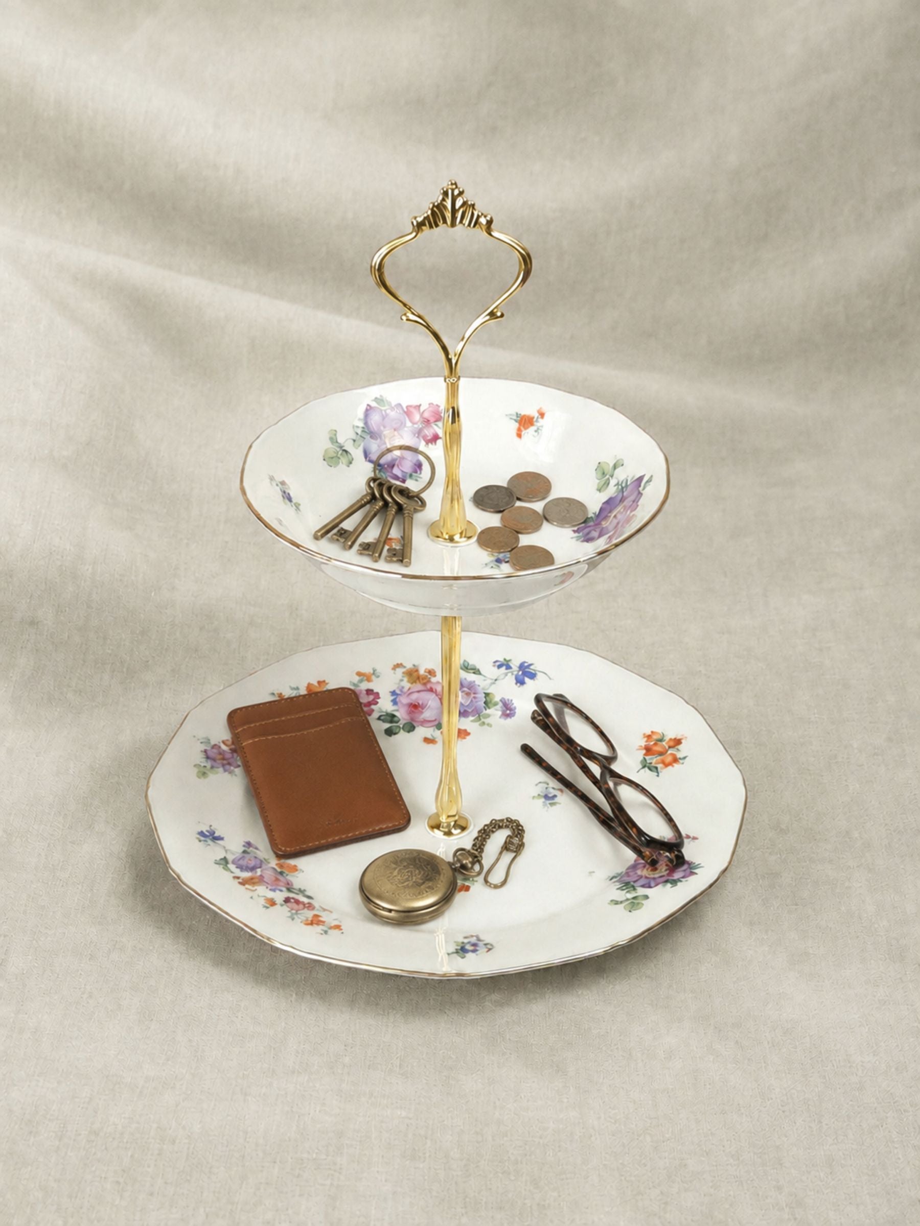 Czechoslovakian Two-Tier Cake Stand with Gold Crown Handle