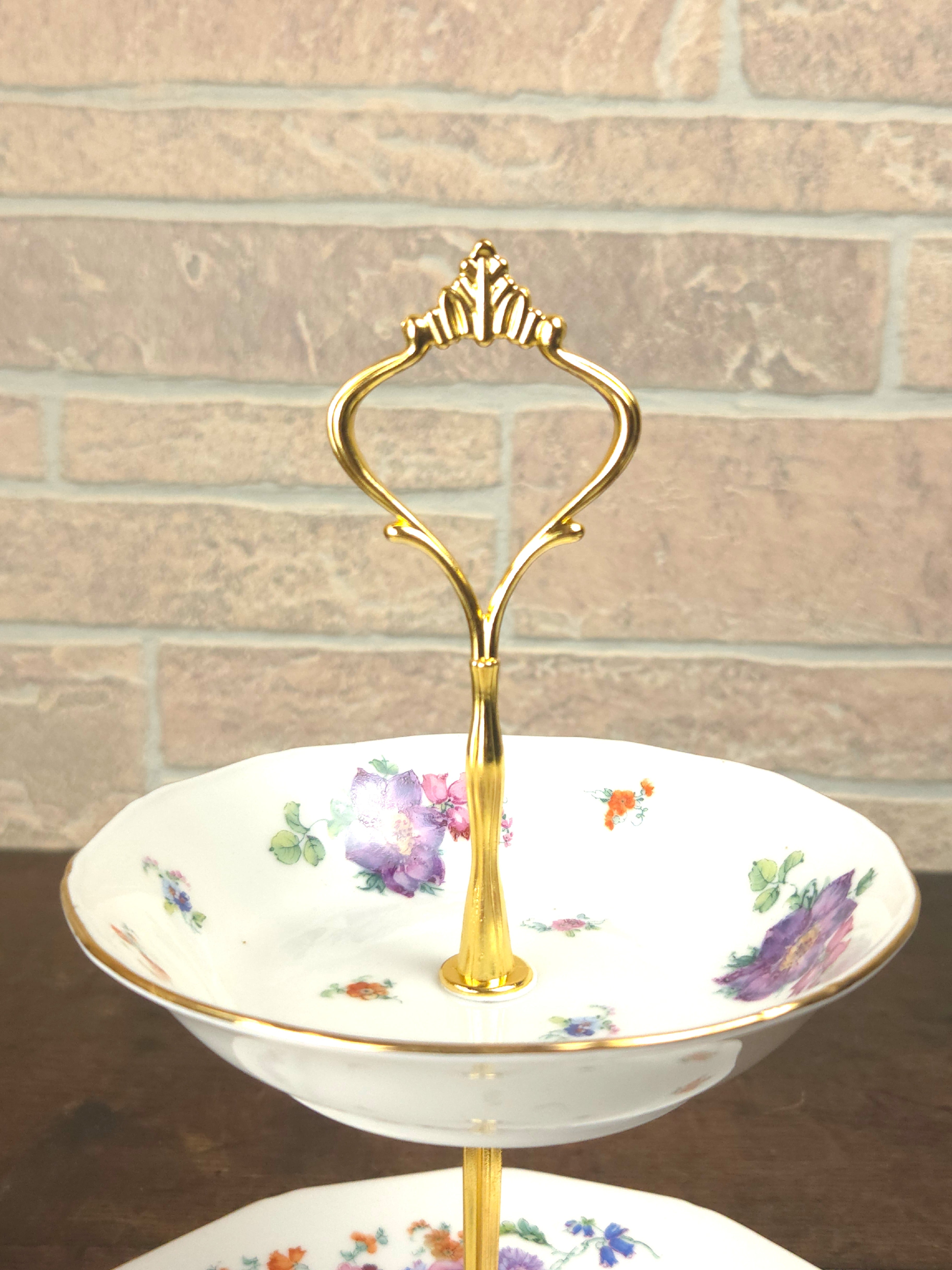 Czechoslovakian Two-Tier Cake Stand with Gold Crown Handle