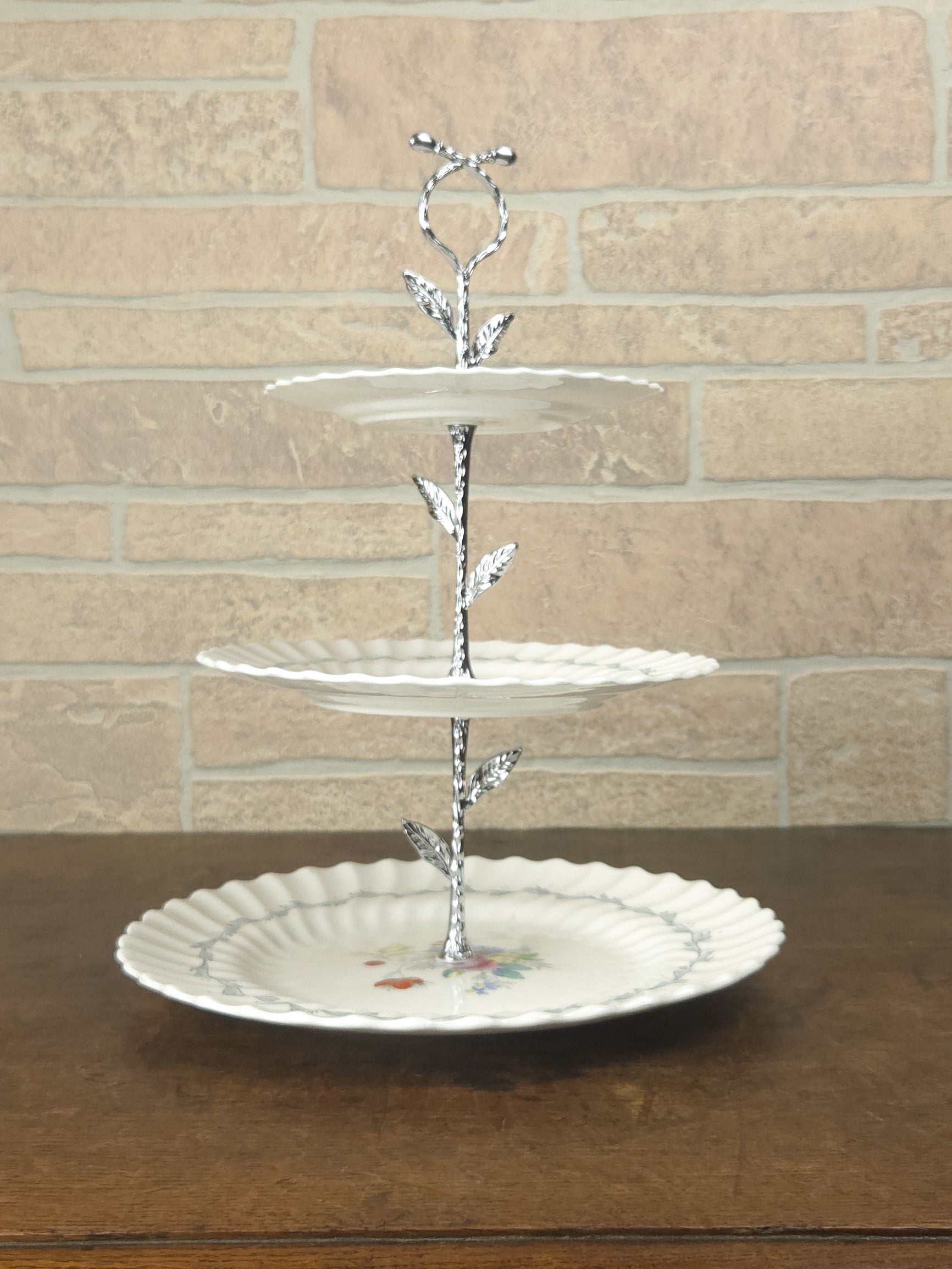 Royal Doulton Chelsea Rose Three-Tier Cake Stand with Silver Leaf Handle