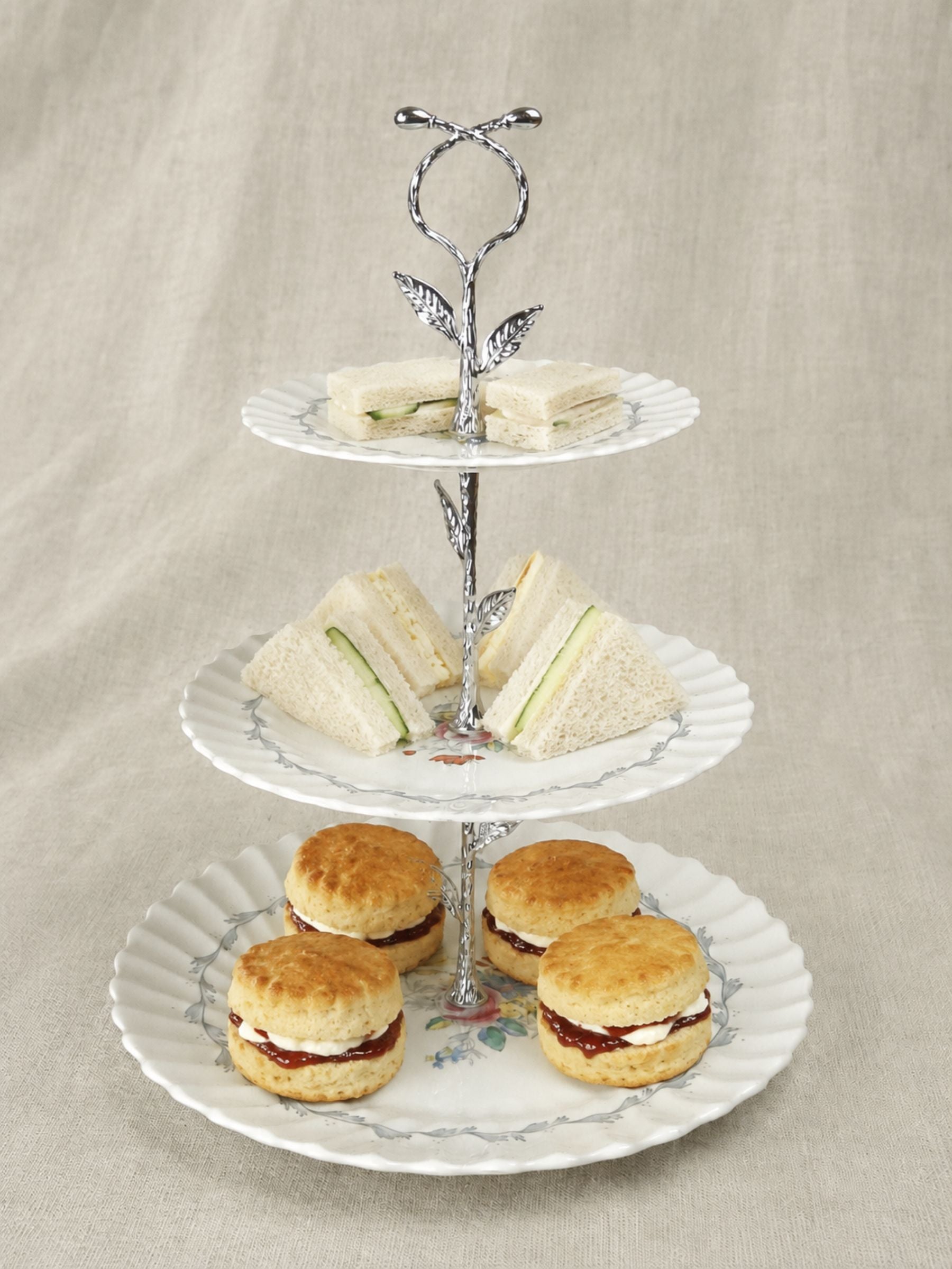 Royal Doulton Chelsea Rose Three-Tier Cake Stand with Silver Leaf Handle