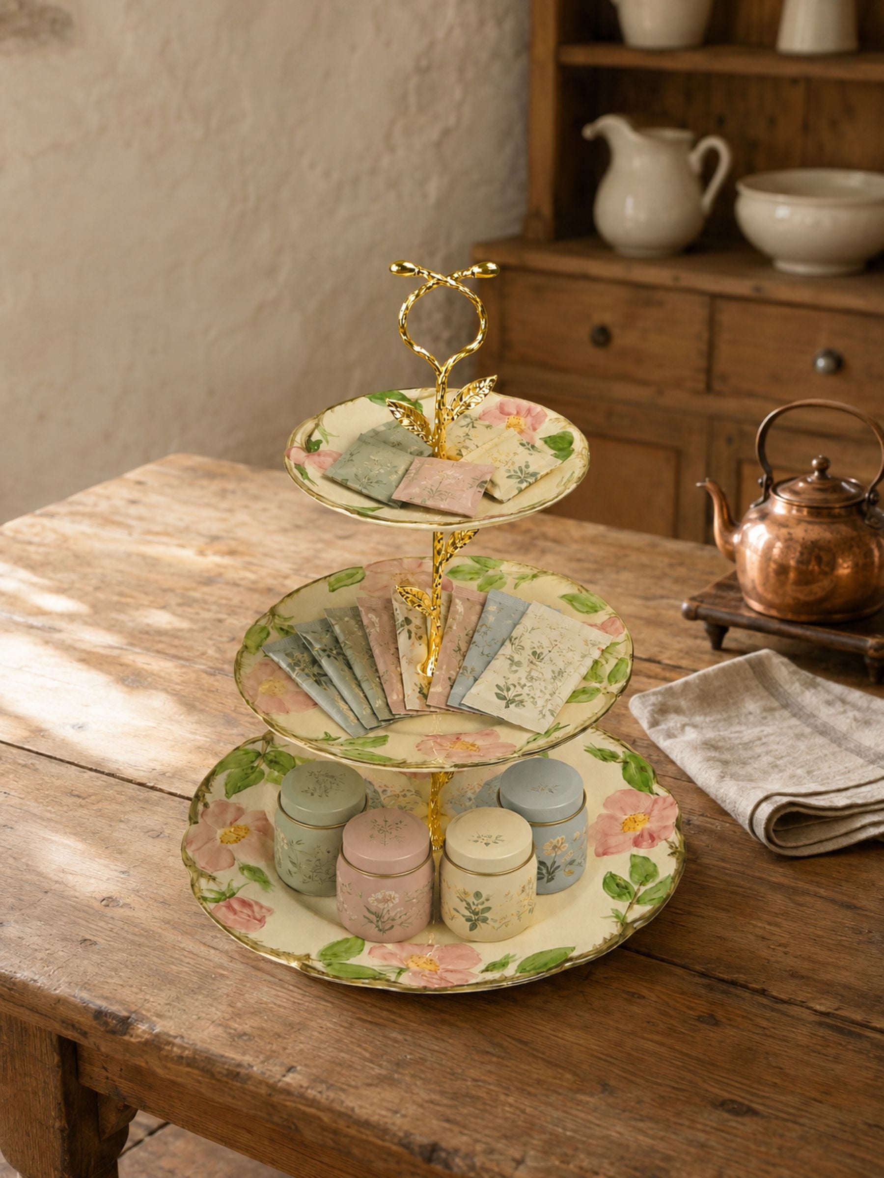 Franciscan Rose Three-Tier Cake Stand with Gold Scroll Handle