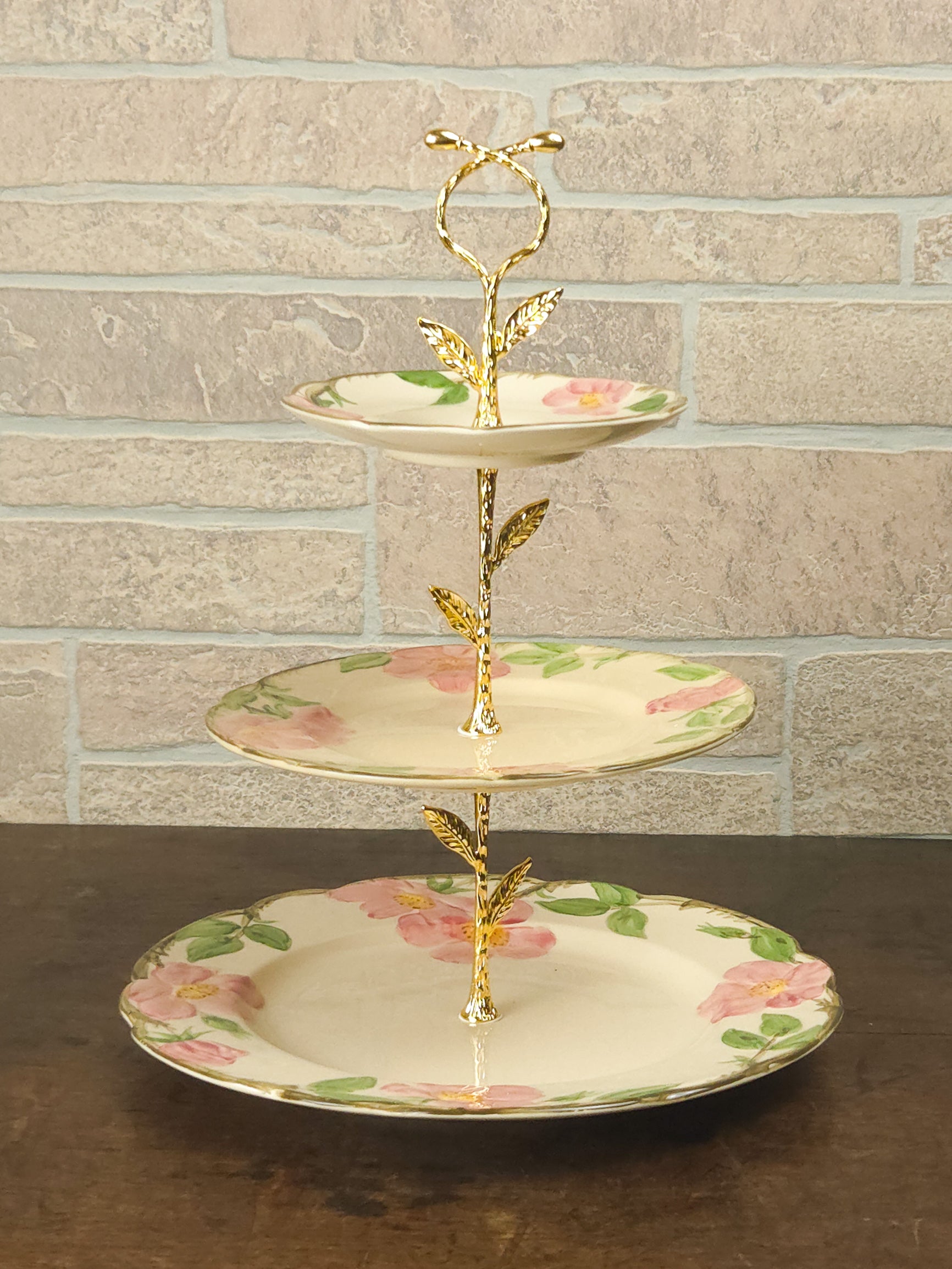 Franciscan Rose Three-Tier Cake Stand with Gold Scroll Handle