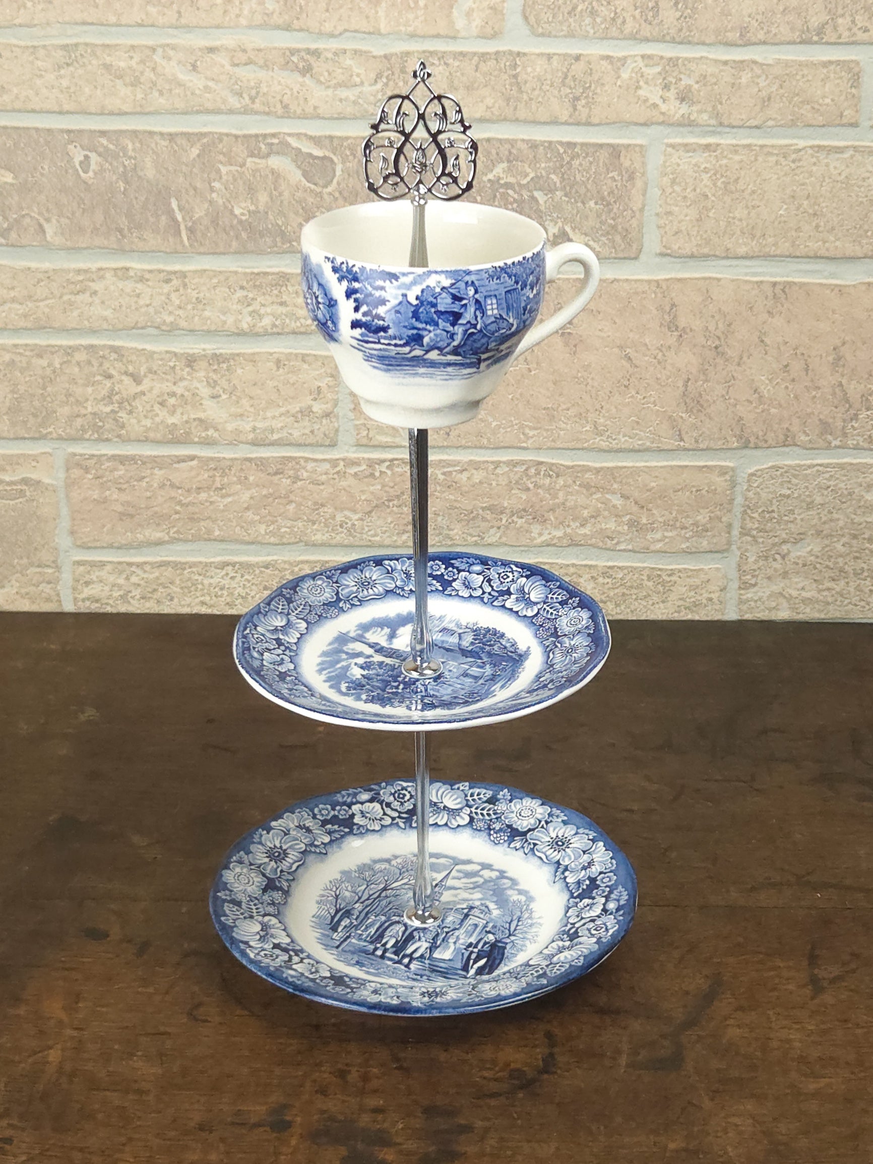 English Liberty Blue Three-Tier Teacup Cake Stand with Silver Filigree Handle