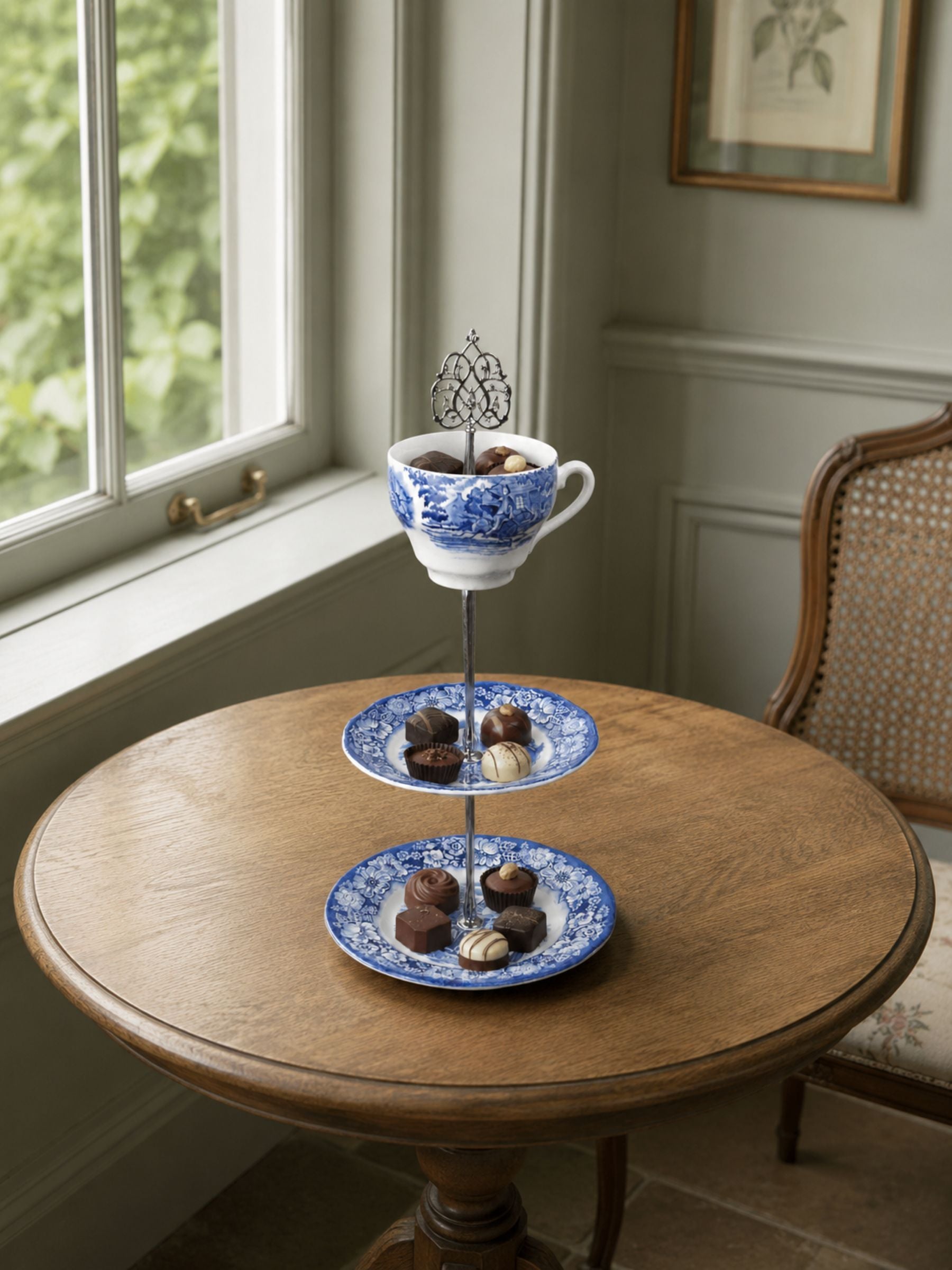 English Liberty Blue Three-Tier Teacup Cake Stand with Silver Filigree Handle