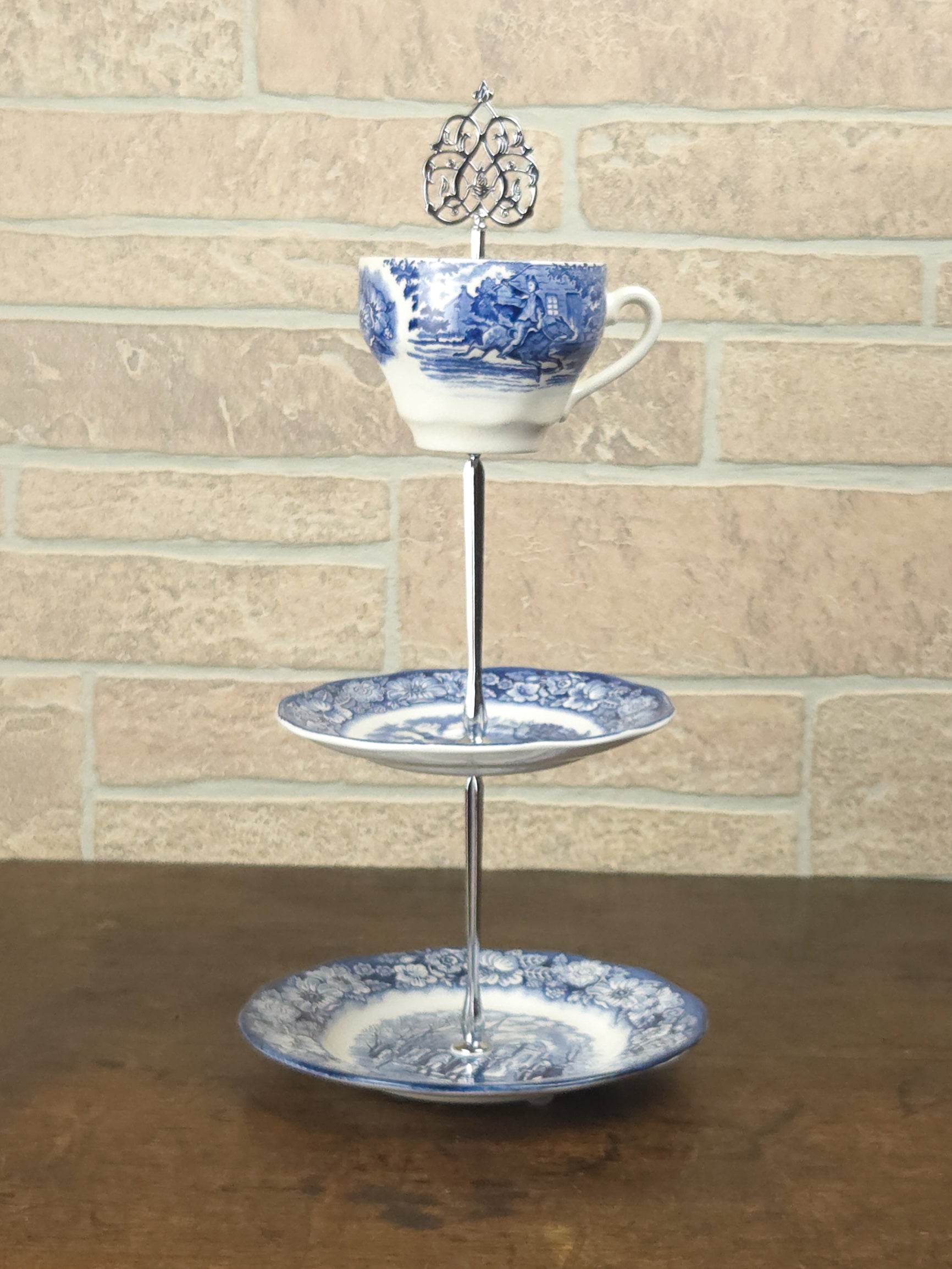 English Liberty Blue Three-Tier Teacup Cake Stand with Silver Filigree Handle
