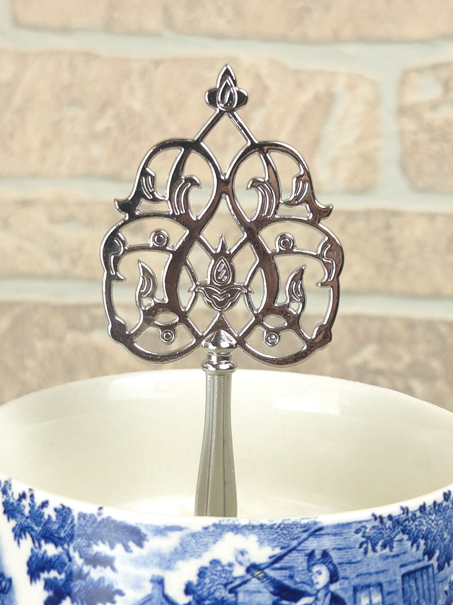 English Liberty Blue Three-Tier Teacup Cake Stand with Silver Filigree Handle