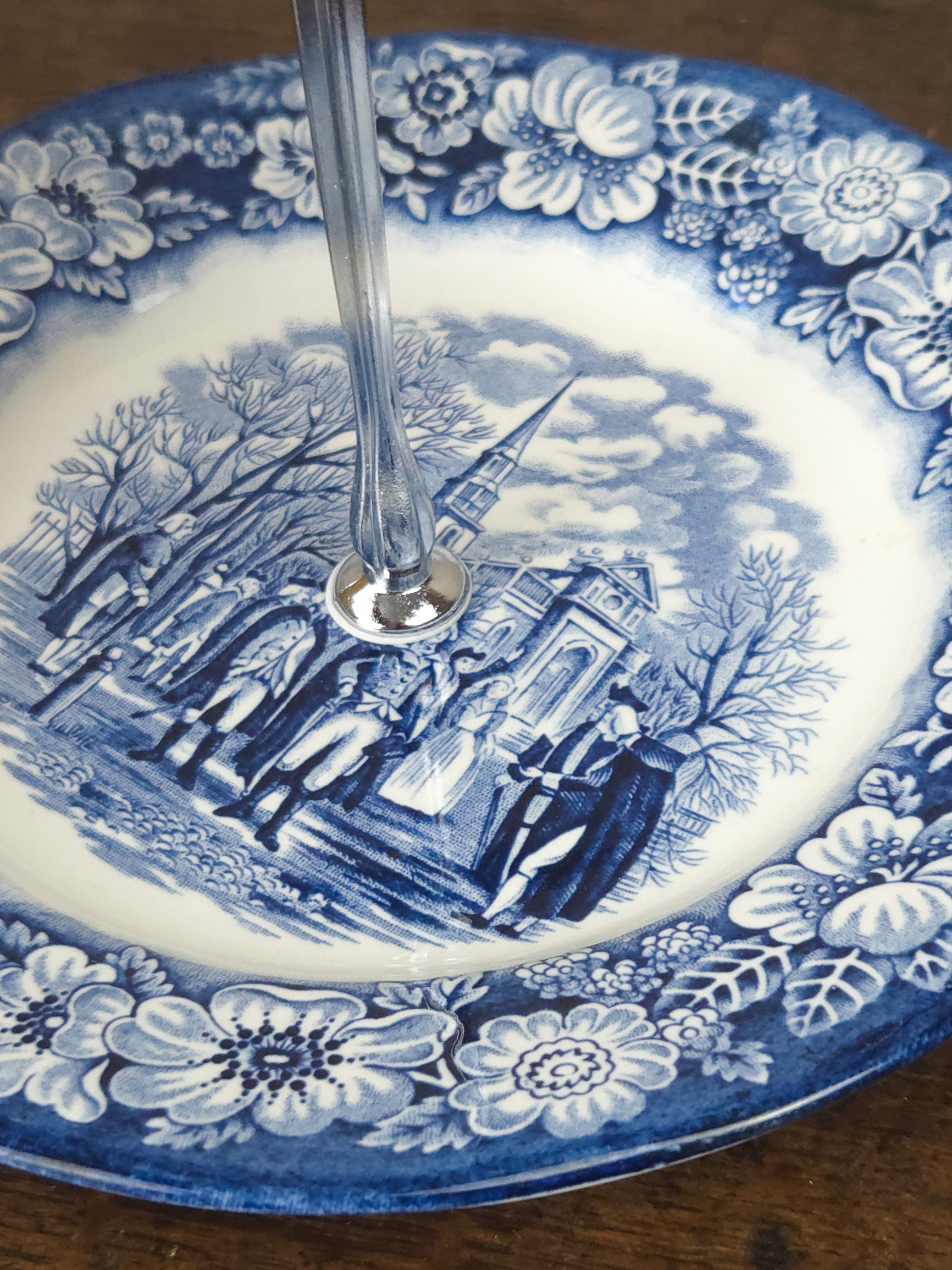 English Liberty Blue Three-Tier Teacup Cake Stand with Silver Filigree Handle