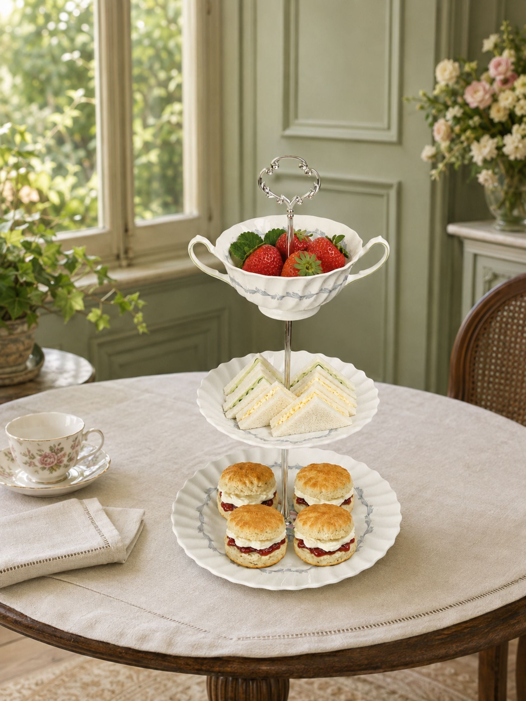 Royal Doulton Chelsea Rose Three-Tier Teacup Cake Stand with Silver Scroll Handle