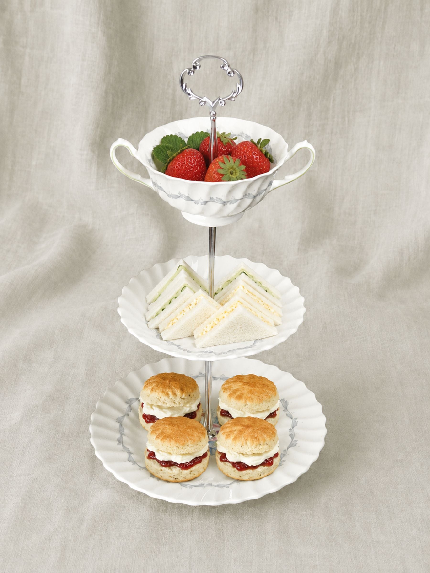 Royal Doulton Chelsea Rose Three-Tier Teacup Cake Stand with Silver Scroll Handle