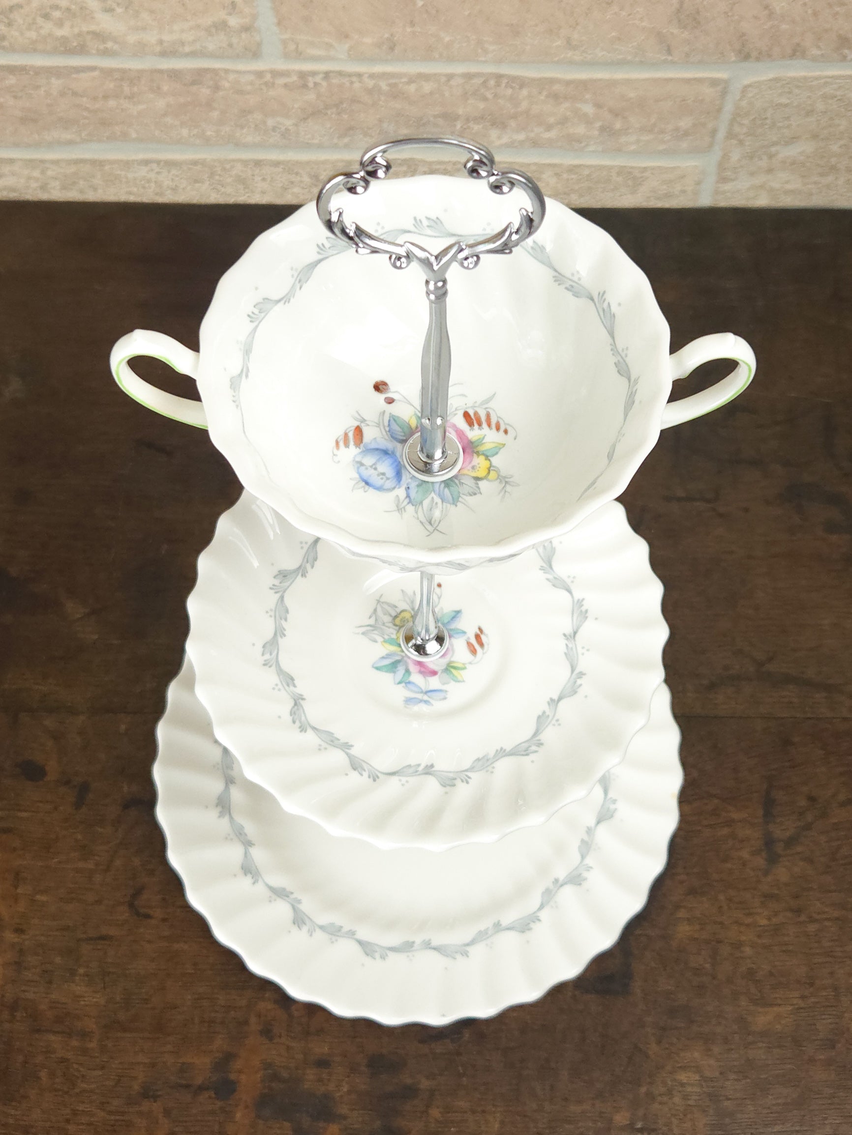 Royal Doulton Chelsea Rose Three-Tier Teacup Cake Stand with Silver Scroll Handle